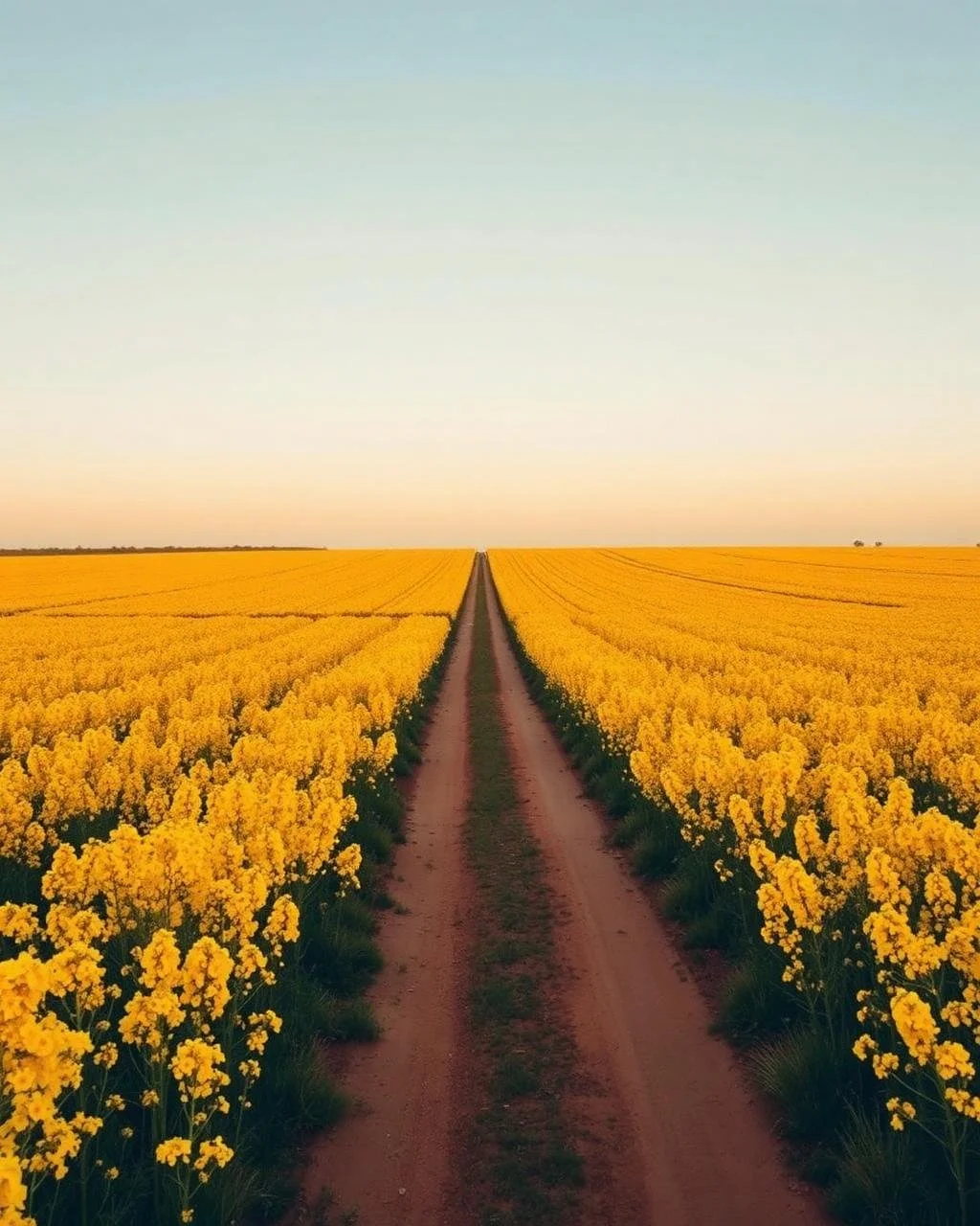 A dirt road running through a large yellow flower field under a clear sky.