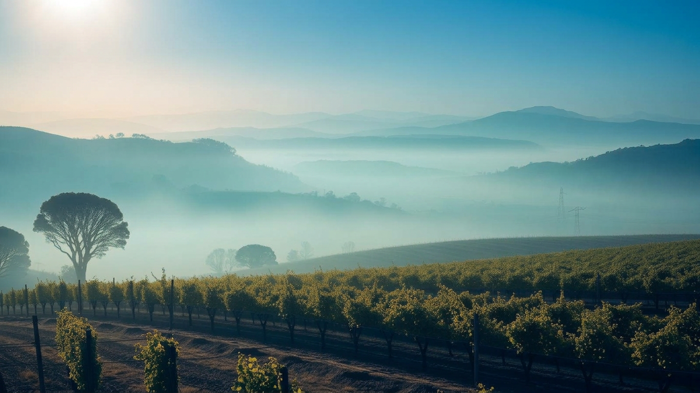 A scenic view of a vineyard with rows of grapevines, a large tree, and rolling hills in the background.  Mist settles into the valleys, as the sun begins to break through the hazy morning sky.