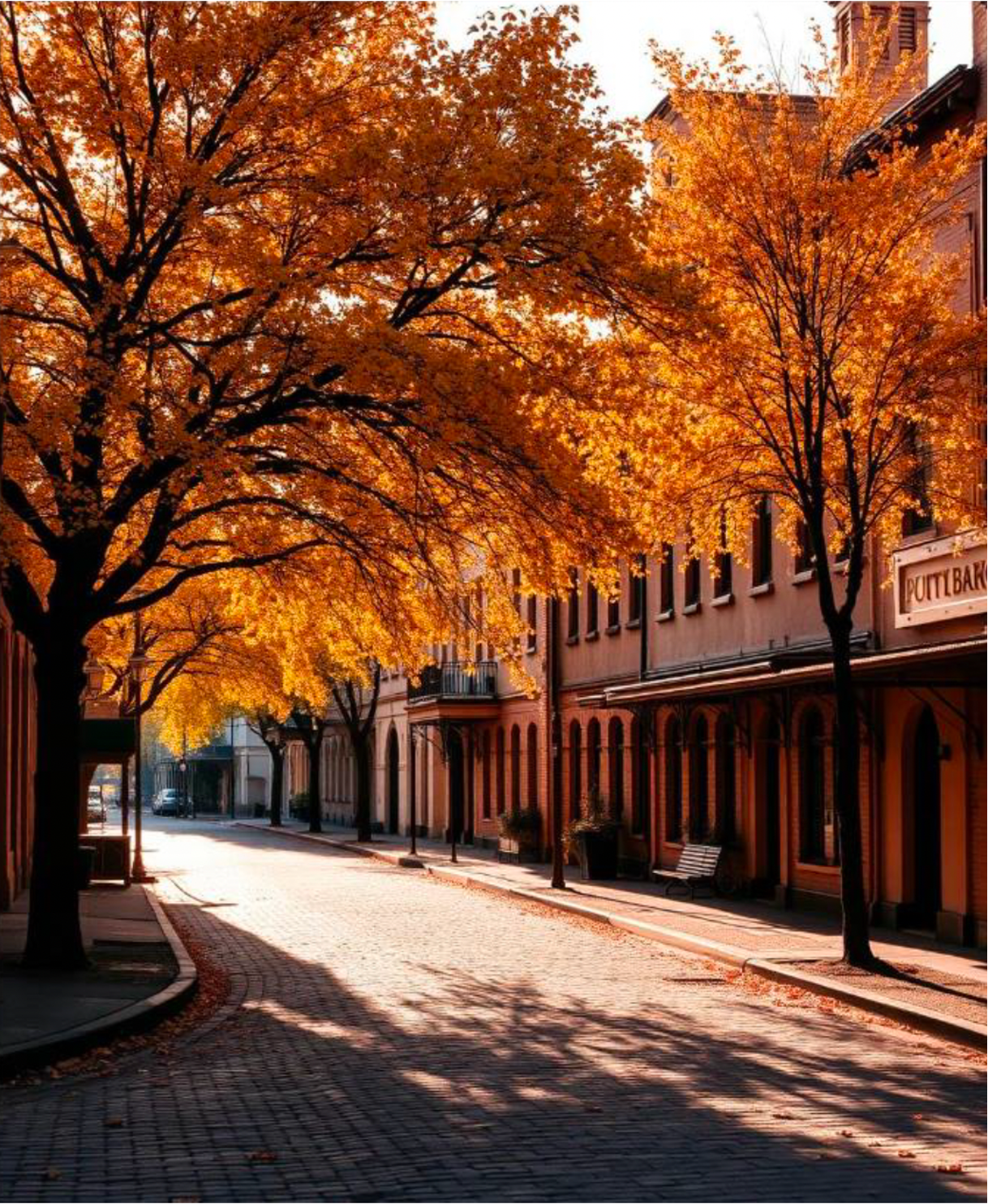 Empty cobblestone street lined with trees with vibrant orange fall leaves, and buildings with brick facades and storefronts.