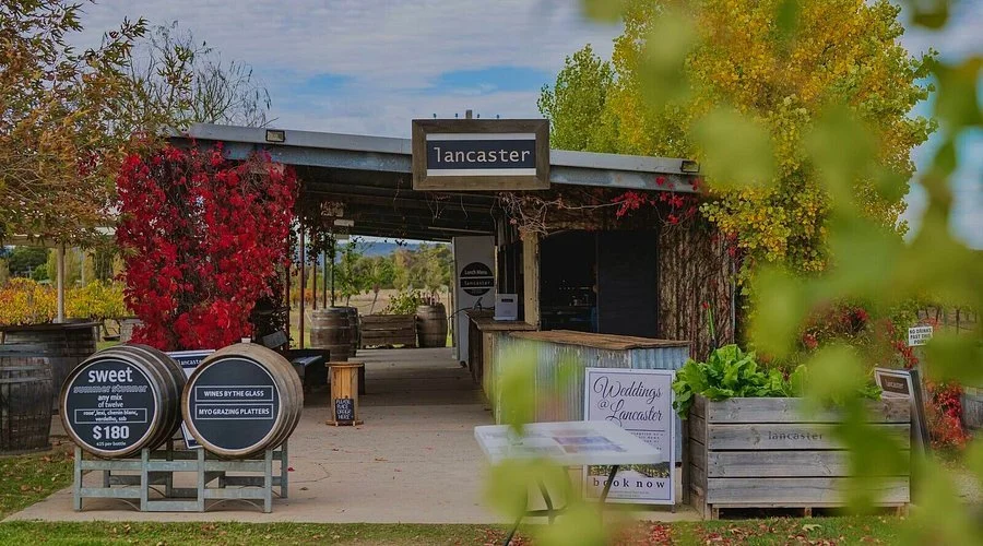 Entrance to a winery at Lancaster with signs advertising wine tasting and wedding services, surrounded by autumn-colored trees and foliage.