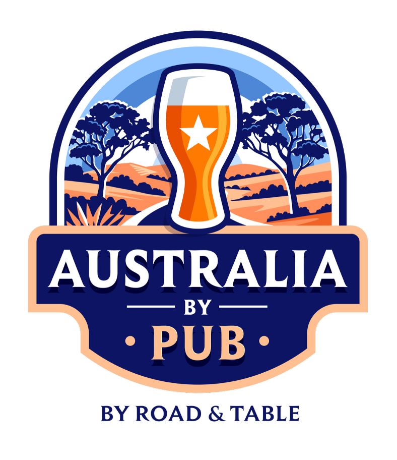 Logo for Australia by Pub, featuring a beer glass with a star, trees, and landscape, with text 'Australia by Pub' and 'by road & table'.