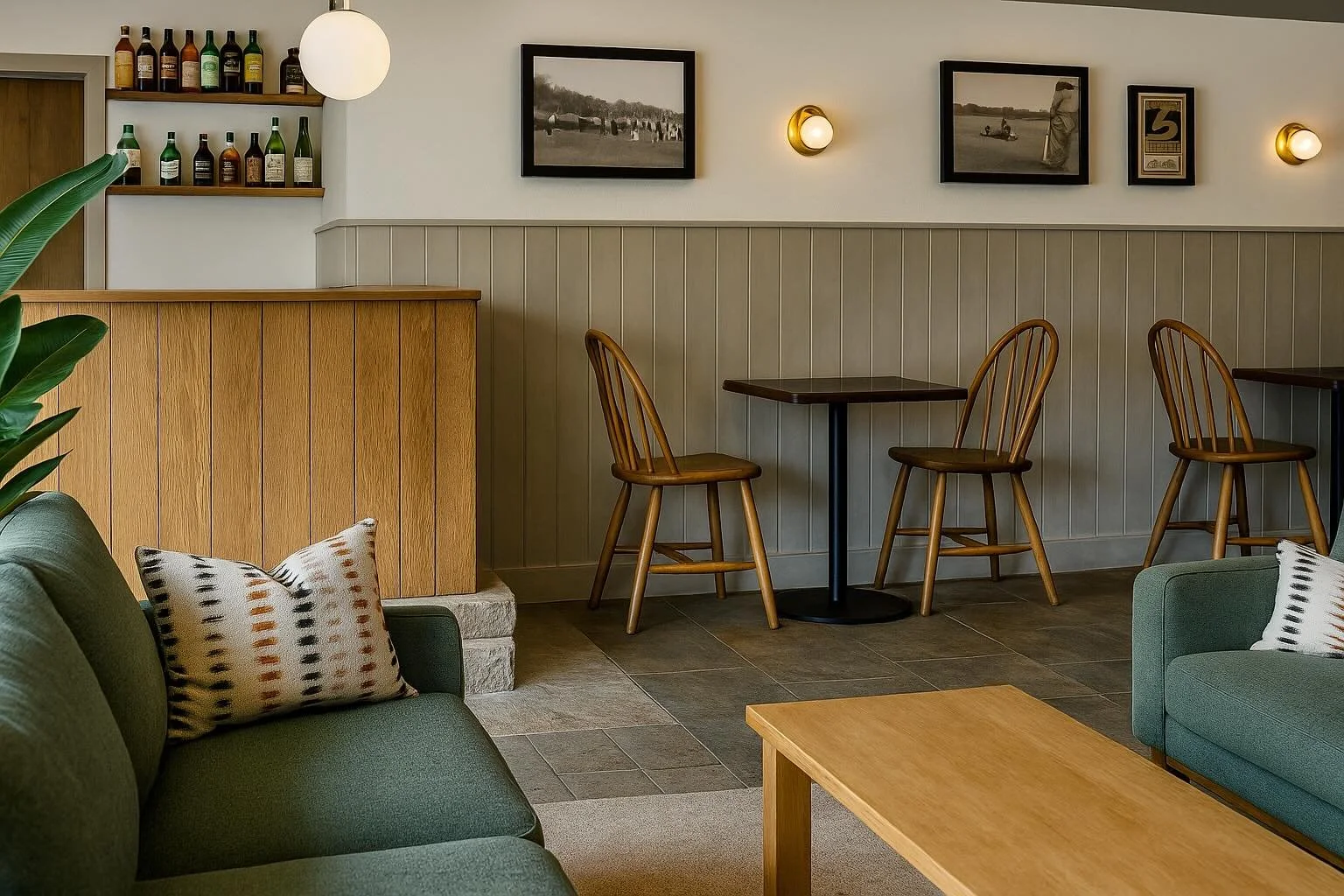 Interior of a cozy cafe with a green sofa, patterned pillows, wooden chairs, small tables, a bar with bottles on shelves, and framed black-and-white photographs on the wall.