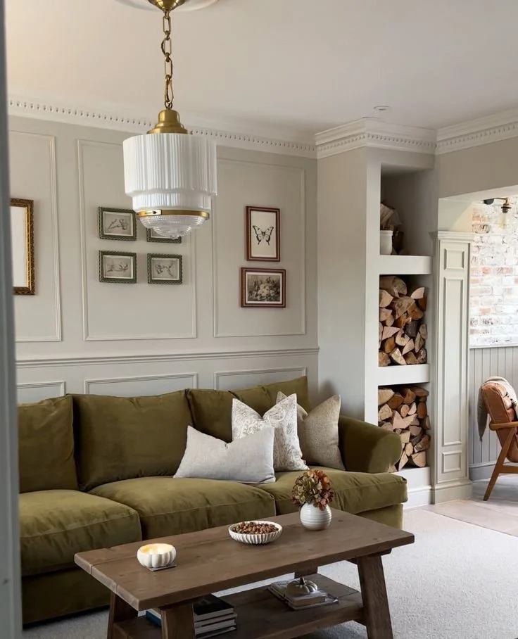 A cozy living room with a green couch, white pillows, a wooden coffee table, a decorative chandelier, framed butterfly and nature pictures on the wall, a built-in fireplace with firewood, and a chair in the corner near a window with brick wall detail.
