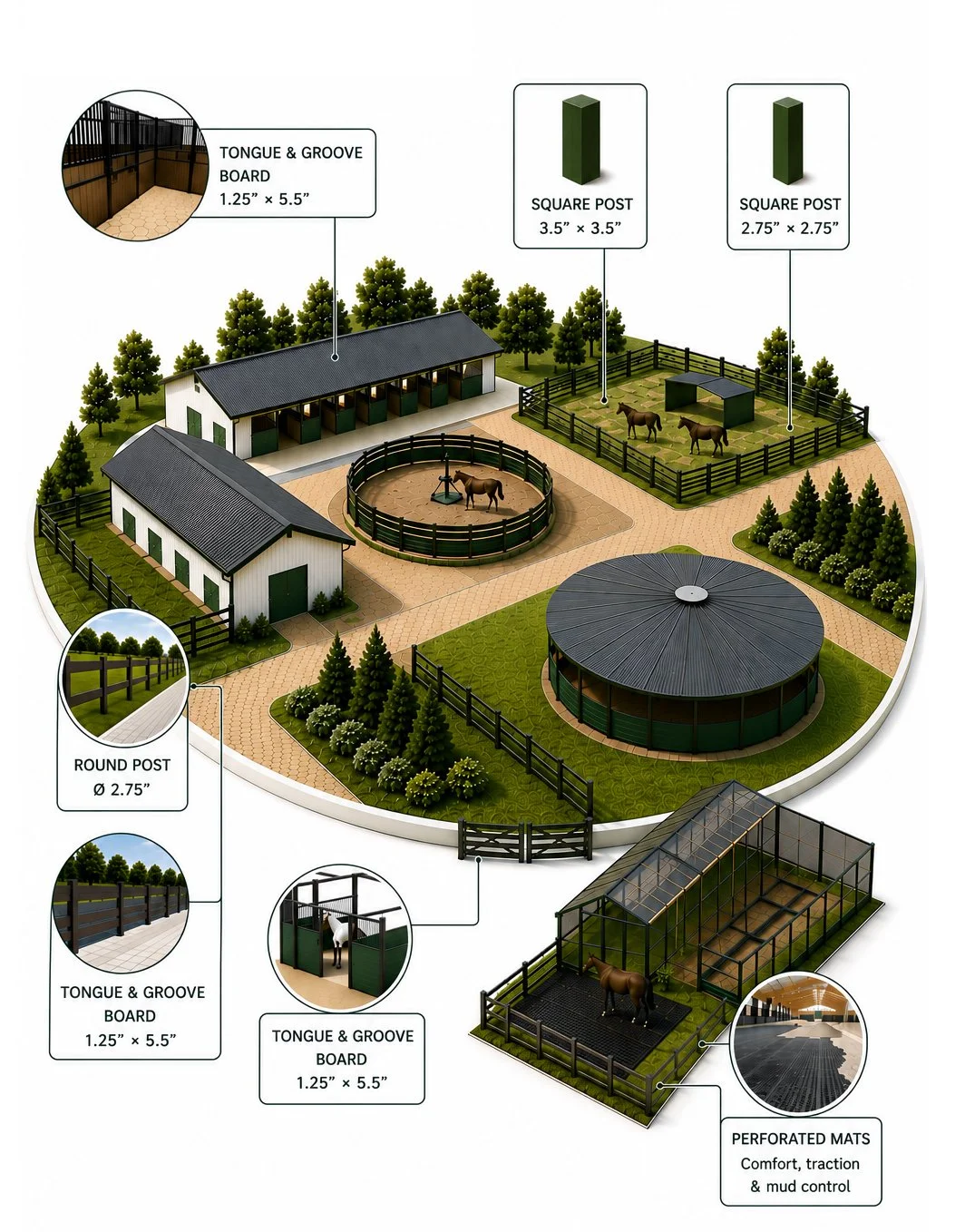Diagram of a horse stable yard with various enclosures, posts, and a greenhouse, including labeled dimensions for the tongue and groove boards, square posts, and round posts.