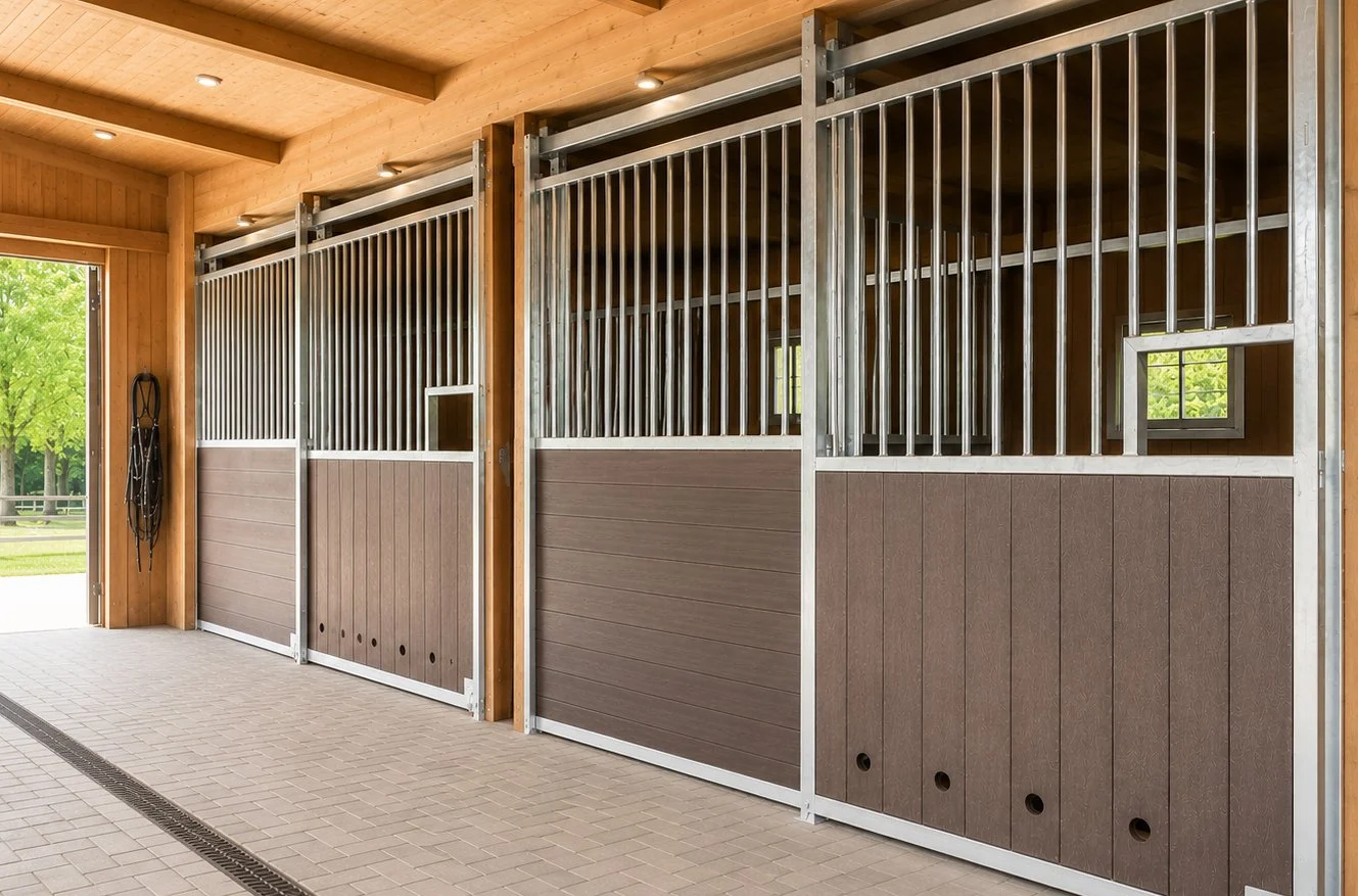 Horse stalls with metal bars and brown wooden panels inside a saddle room of a barn.
