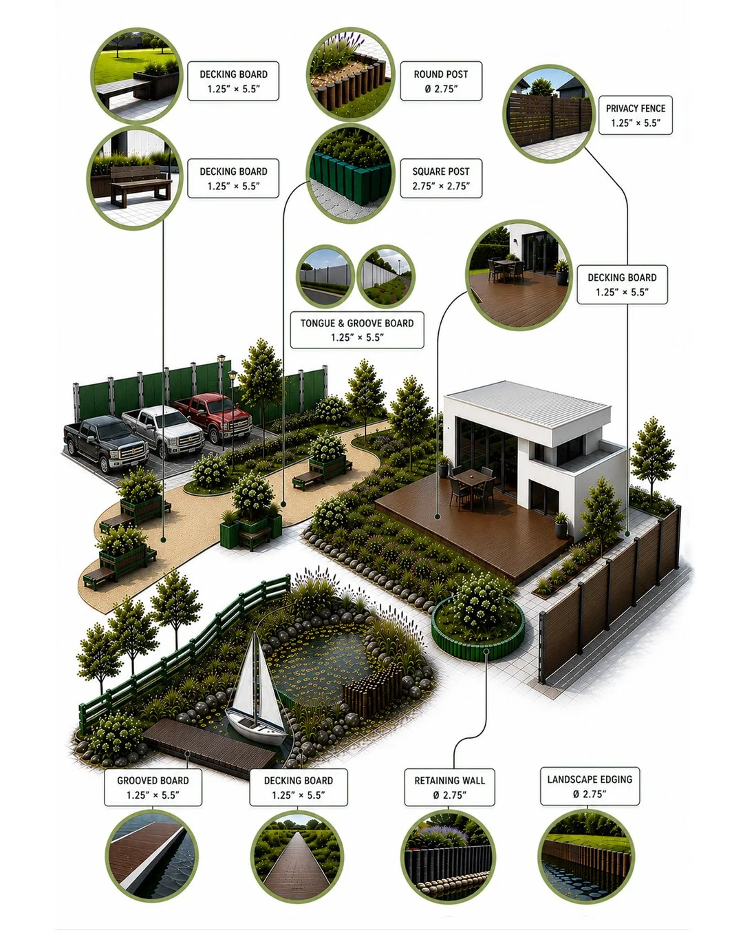 Illustration of a garden landscaping plan showing different wooden and composite fencing, decking, seating areas, a pond, and decorative elements. Key components include decks, posts, privacy fences, retaining walls, and landscape edging.