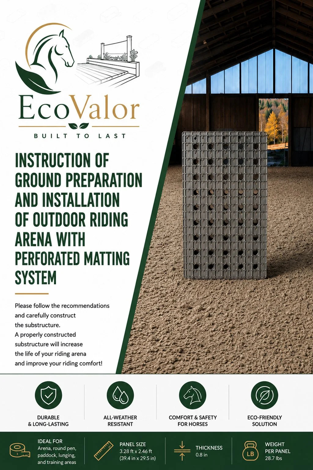 Instruction manual cover for ground preparation and installation of an outdoor riding arena with perforated matting system, featuring a barn interior with a photo of trees outside.