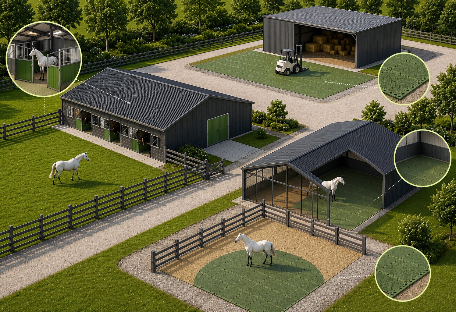 A farm with three horse stalls, each with a white horse, and one enclosed riding area with a horse inside. There are green artificial grass mats with interlocking tiles on the ground, a storage shed with haystacks and a forklift nearby, and cobblestone paths surrounded by green grass and trees.
