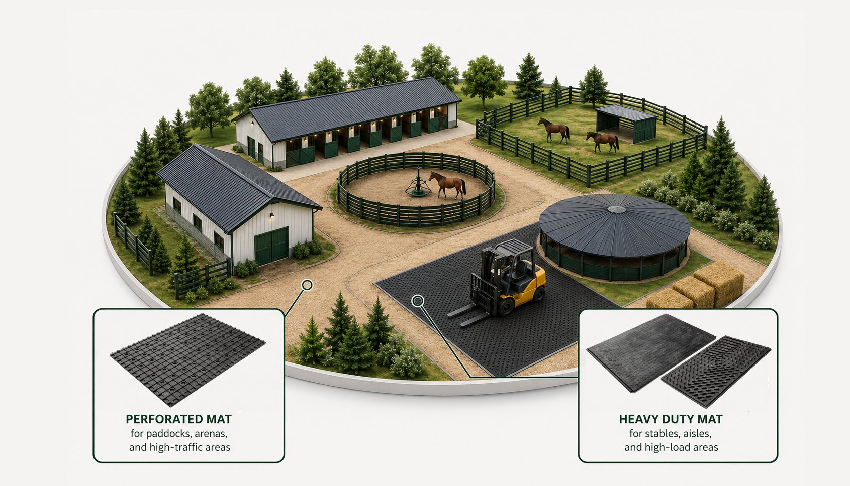 Model of a farm with stable buildings, horse paddocks, and riding area, showing different types of rubber mats for horse stalls, paddocks, and walkways.