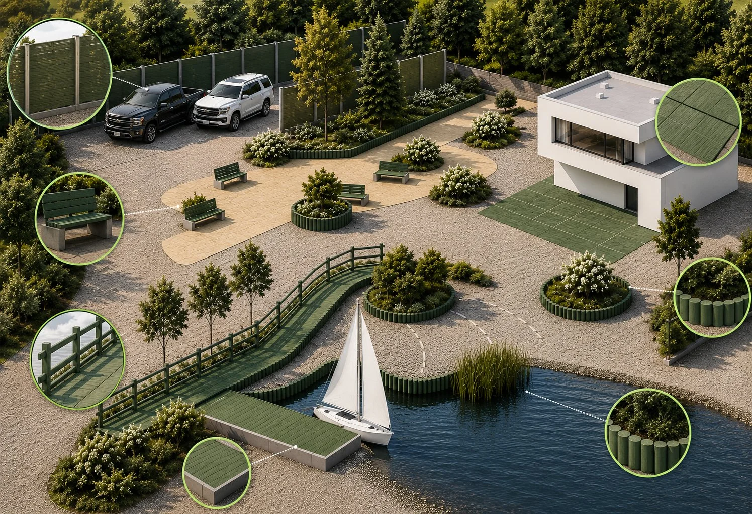 A modern backyard with a white house, green fencing, a small pond with a sailboat, a gravel pathway, benches, trees, and landscaped plants, featuring solar panels on the house and fencing.