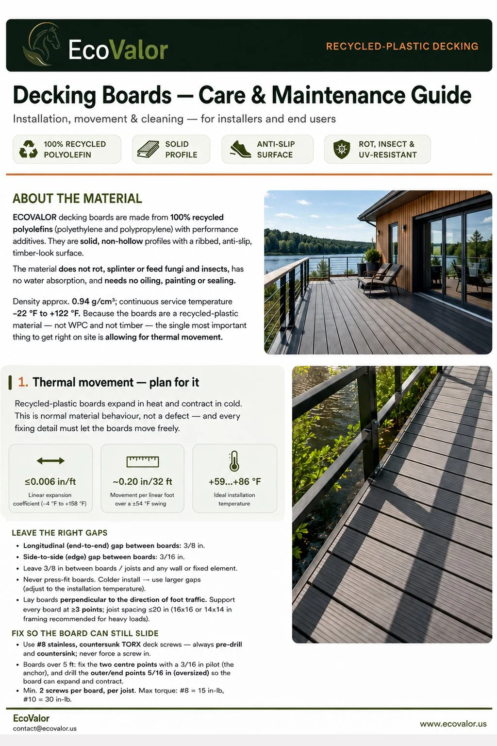 Information sheet for EcoValor recycled plastic decking boards, showing images of a wooden deck outside a house near water, with railings and furniture.