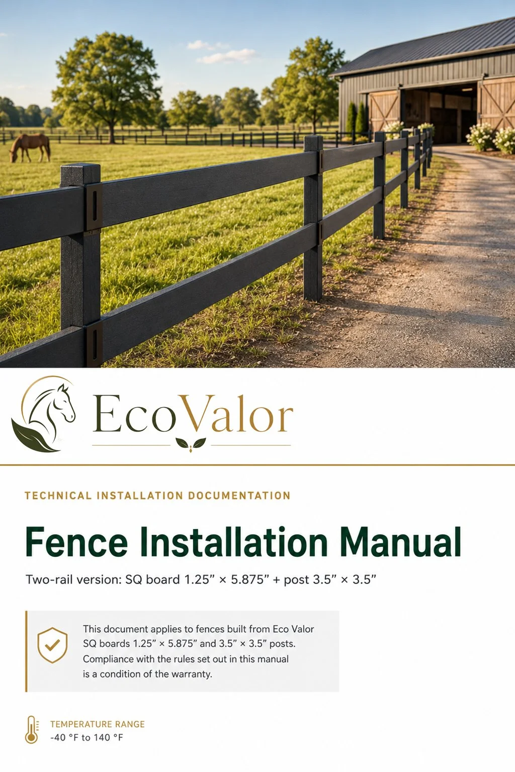 A farm scene with a black fence along a dirt path, a barn, green trees, and a horse grazing in a field.