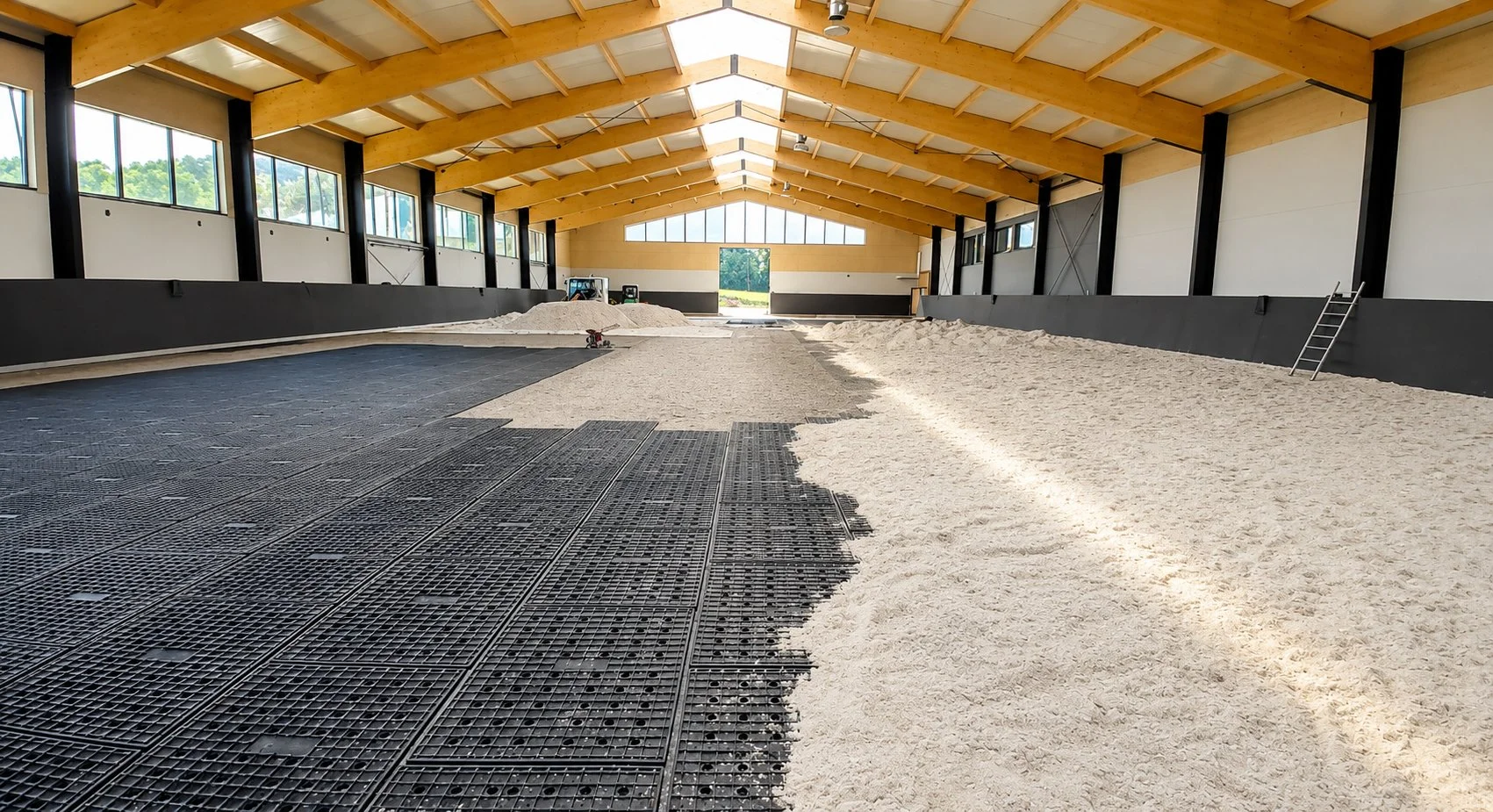 Large indoor sports facility under construction with sand and paving installations, with a high wooden ceiling, large windows, and a ladder on the side.