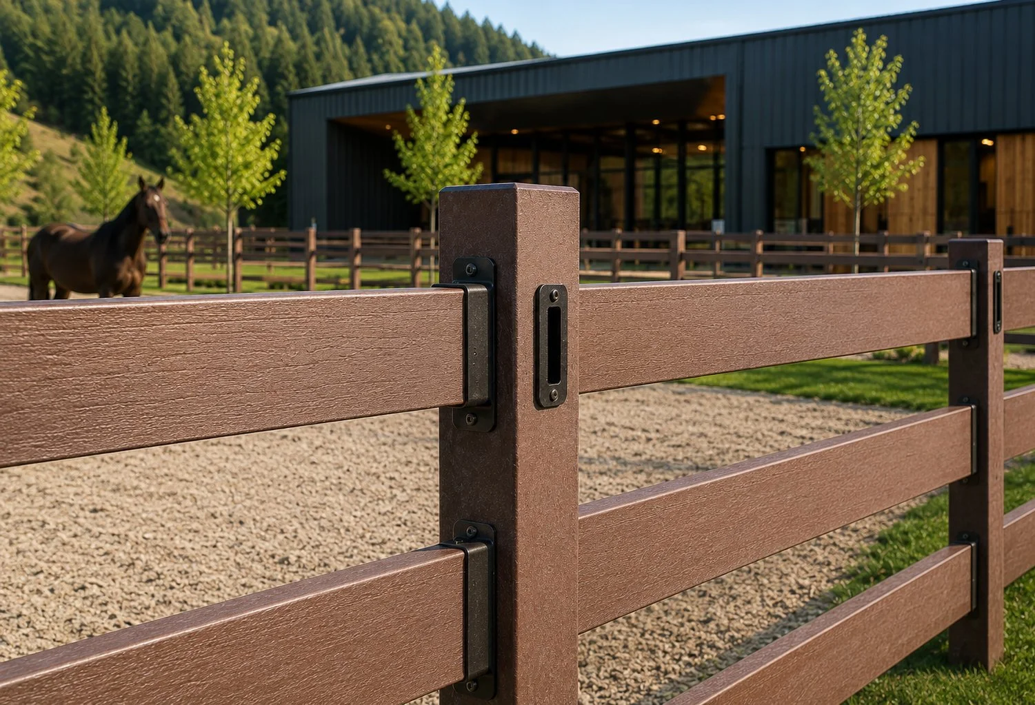 Close-up of a brown wooden horse fence with a metal latch, with a horse and a modern barn with large windows and trees in the background.