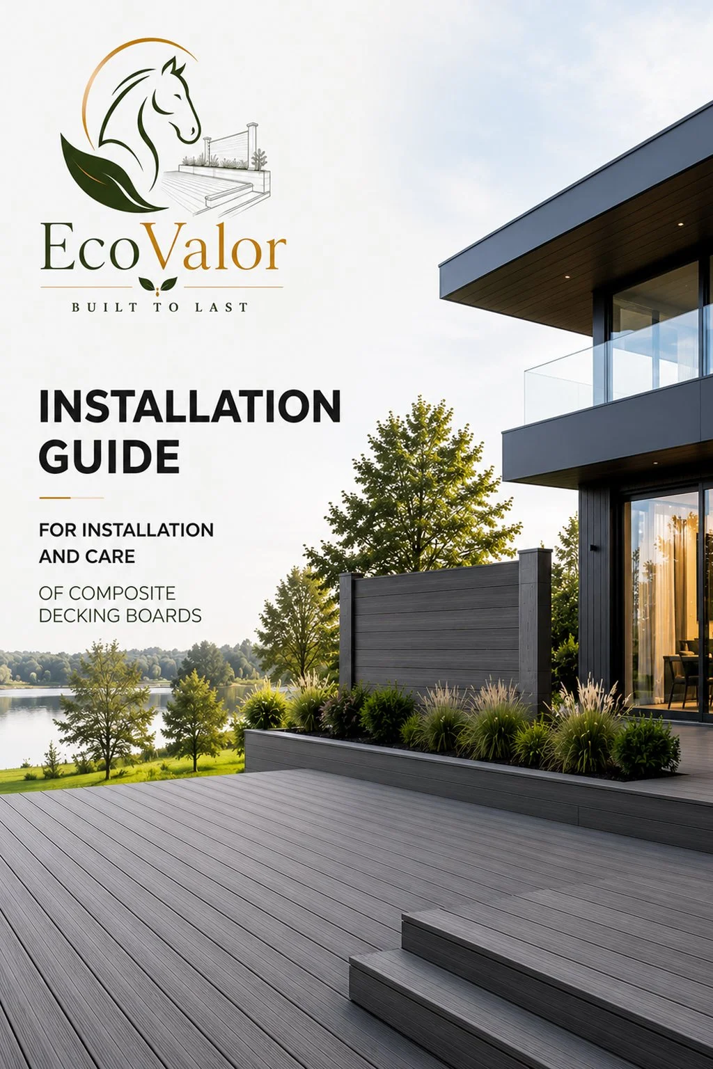 Cover of an installation guide for composite decking boards, featuring a modern house with a gray deck and an outdoor landscape with trees and a body of water.