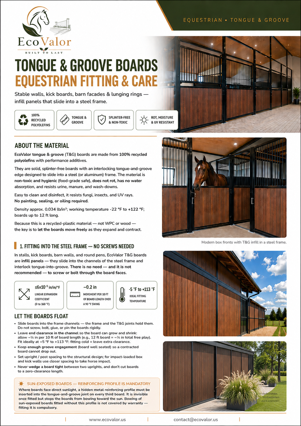 Informational poster for EcoValor tongue and groove boards used for equestrian fencing, showing images of horse stalls, stable walls, and exterior barn views with wood panels.