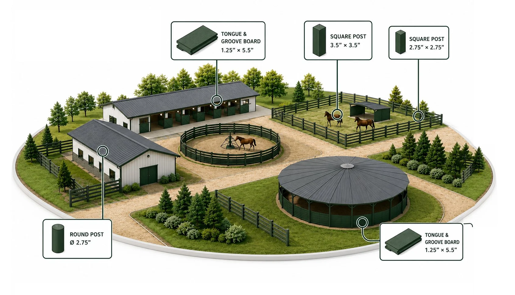 Diagram of a horse stable with labeled components including a tongue and groove board, square posts, and round posts, with a riding arena and pasture surrounded by fences and trees.