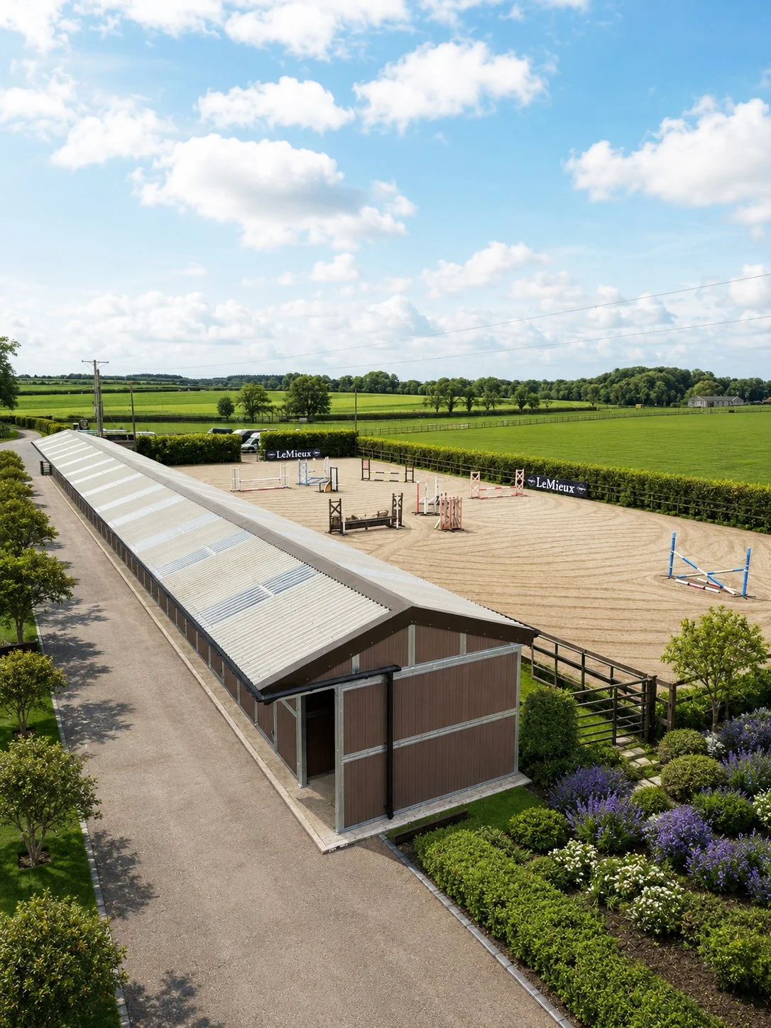 An outdoor horse riding arena with jumps, surrounded by lush green fields and trees under a partly cloudy sky.