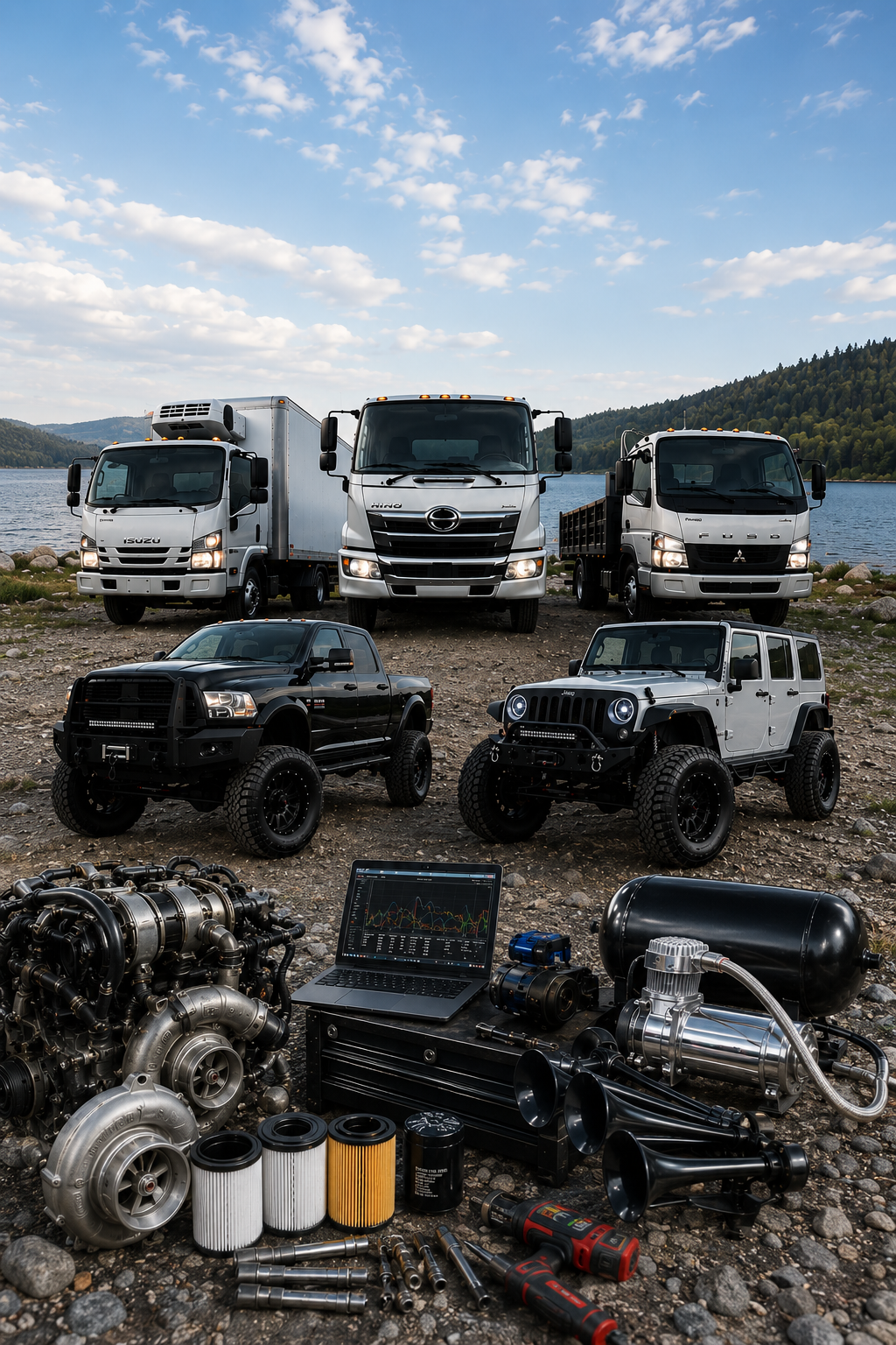 Mobile diesel truck and fleet repair specializing in Isuzu, Hino, and Mitsubishi Fuso. Offering diagnostics, maintenance, small engine repair, lift kits, and train horn installations.