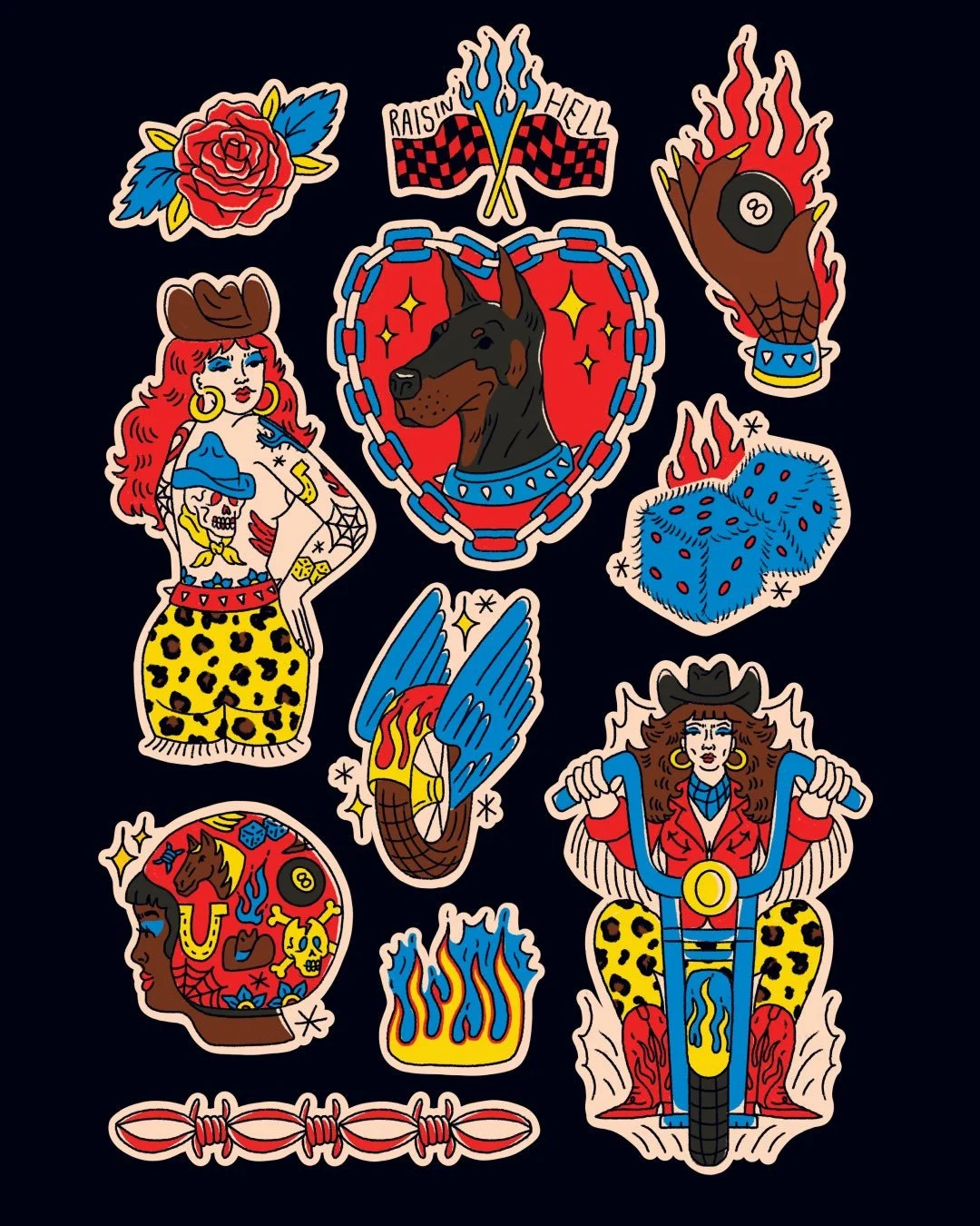 The Biker Babe sticker sheet is made for the rebels, road trippers and anyone who loves a little vintage tattoo inspired flair! This collections consists of x11 unique designs from fierce biker babes, a sweet dobbie (IYKYK) lucky fluffy dice, roses a