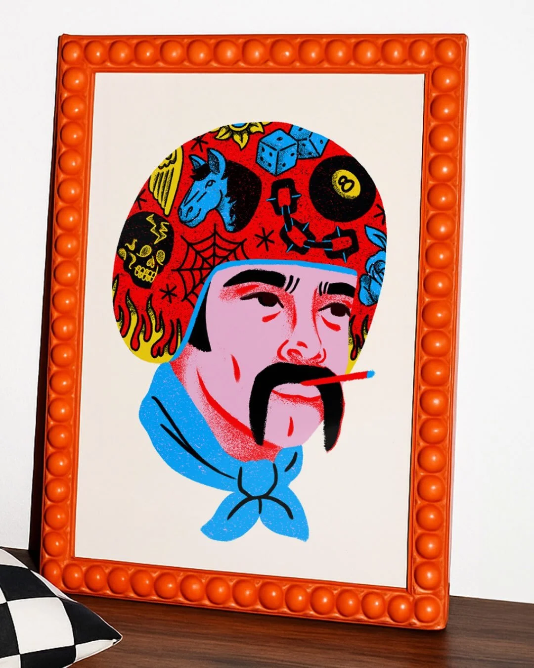 NEW DROP! This hottie is NOW available online!! ✨ Thanks for all the love at Finders Keepers where he made his debut! This not so average cowboy swapped his usual hat for a badass tattoo inspired helmet to bring some outlaw energy to your walls. LINK