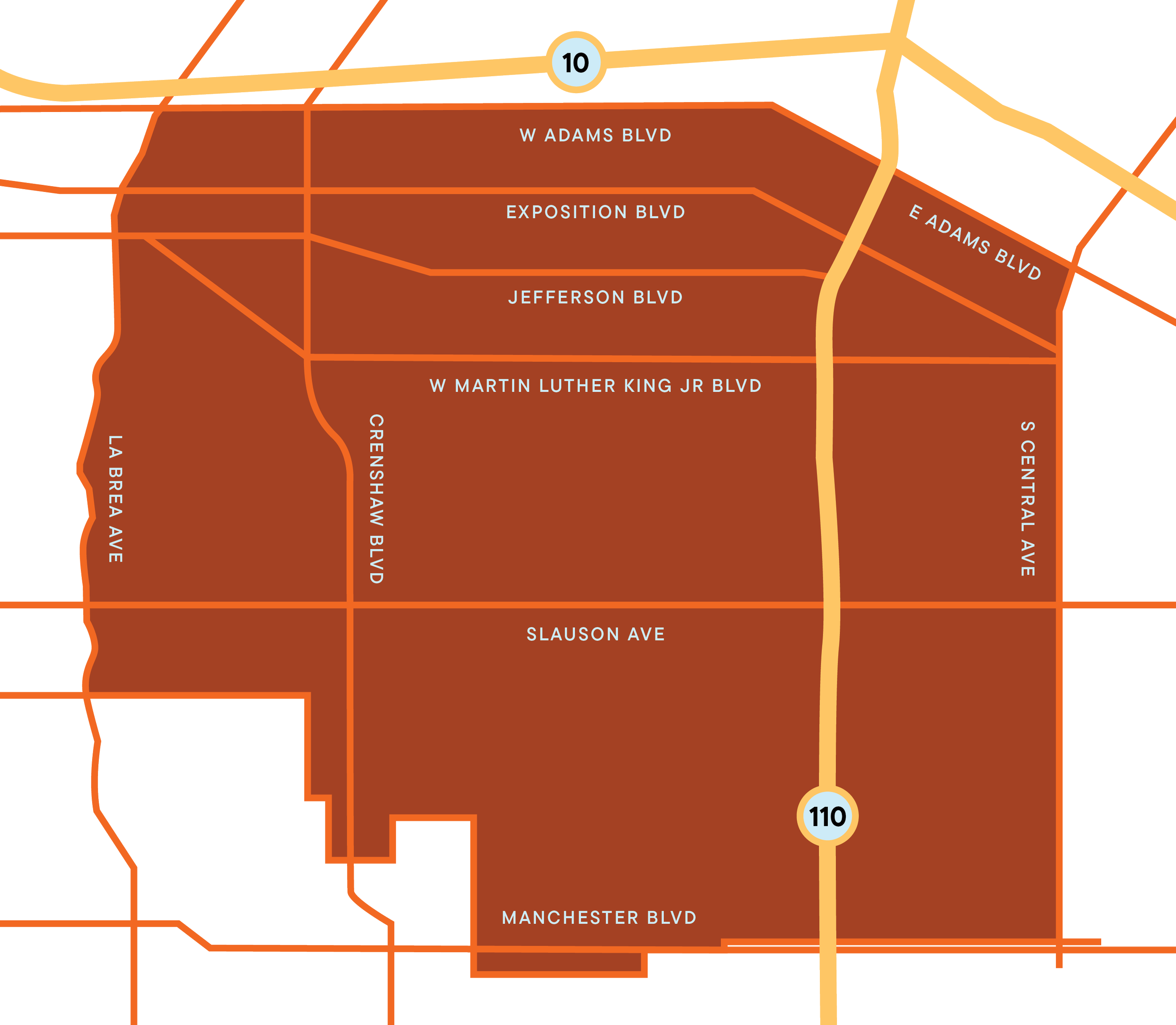 Stylized map of Historic South LA Black Cultural District in Los Angeles, showing boundary streets: West Adams Blvd to the north, La Brea Ave to the west, Manchester Blvd to the south, S Central Ave to east.