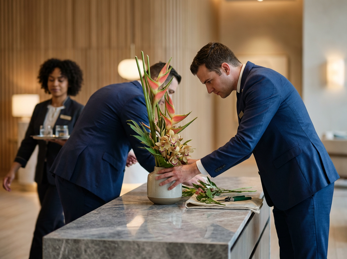 Dos hombres en trajes de negocio arreglan un arreglo floral en un hotel o restaurante elegante.