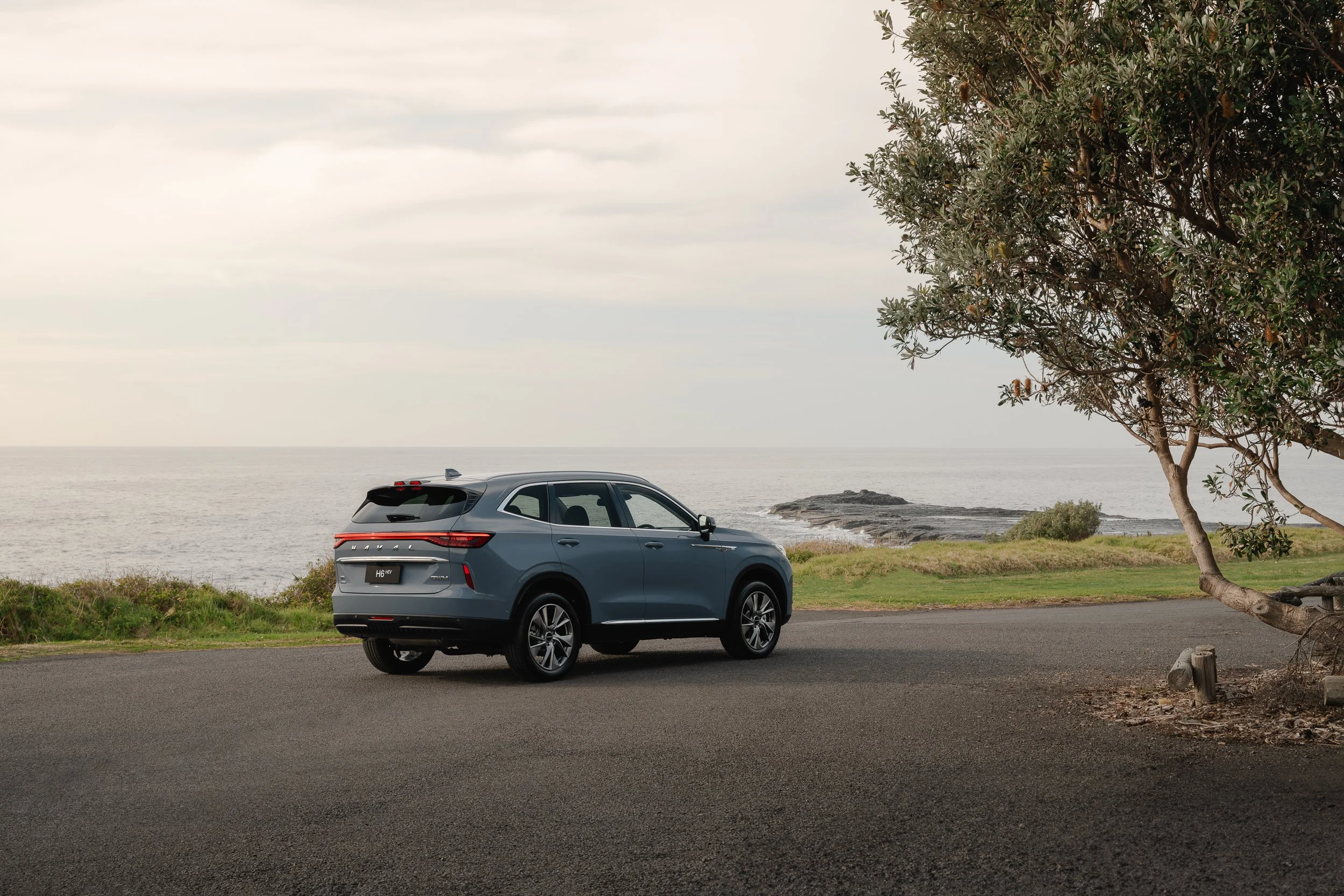 A car parked on a scenic coastal road with a view of the ocean, rocky shoreline, a tree on the right, and cloudy sky.