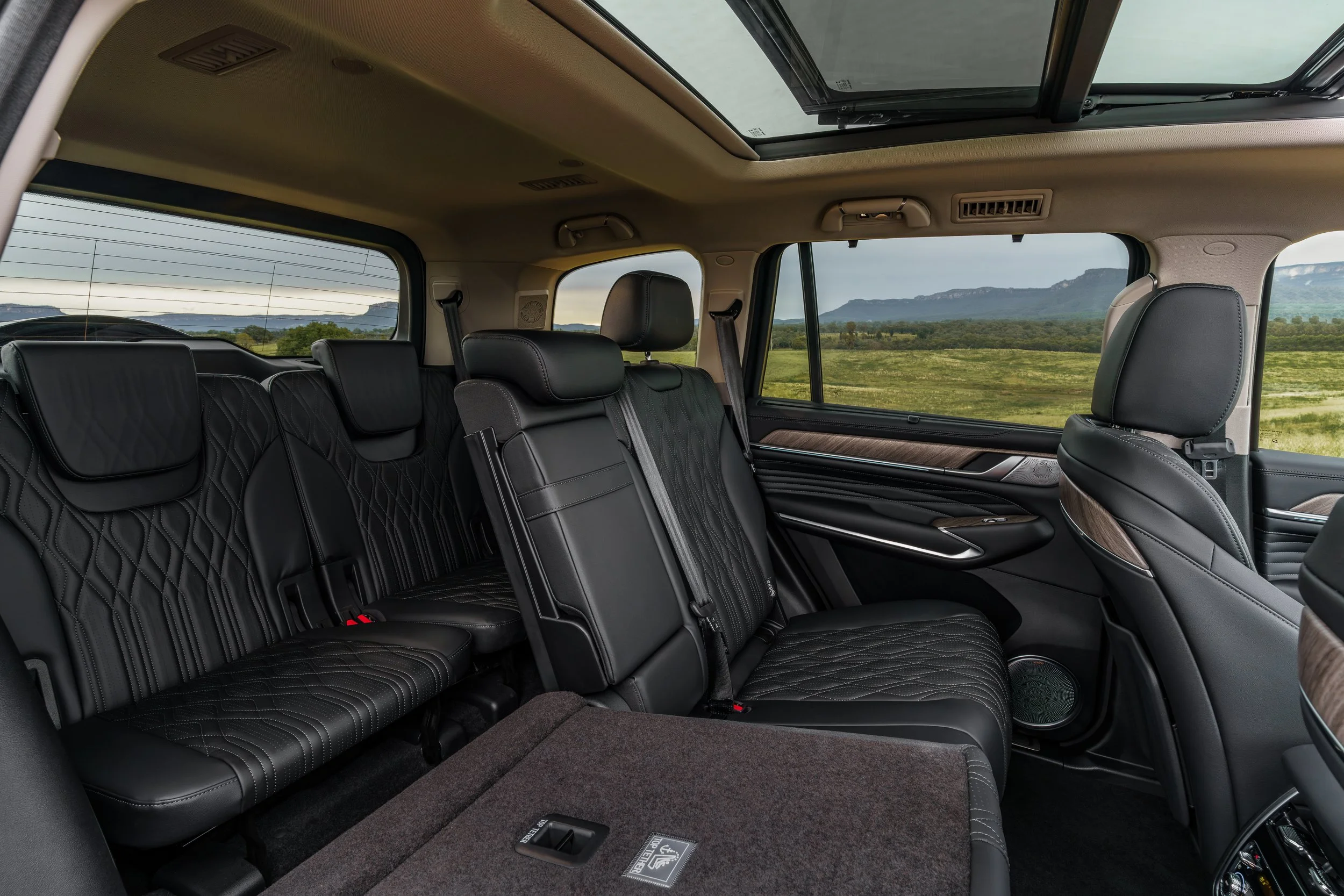 Interior of a car with black leather seats, panoramic sunroof, and a scenic view of mountains and greenery through the windows.