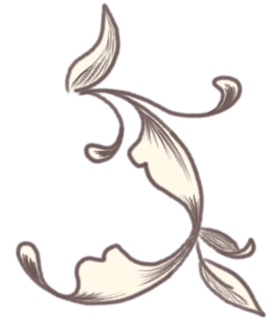 Stylized, decorative floral design with curved, leaf-like shapes in shades of gray and white.
