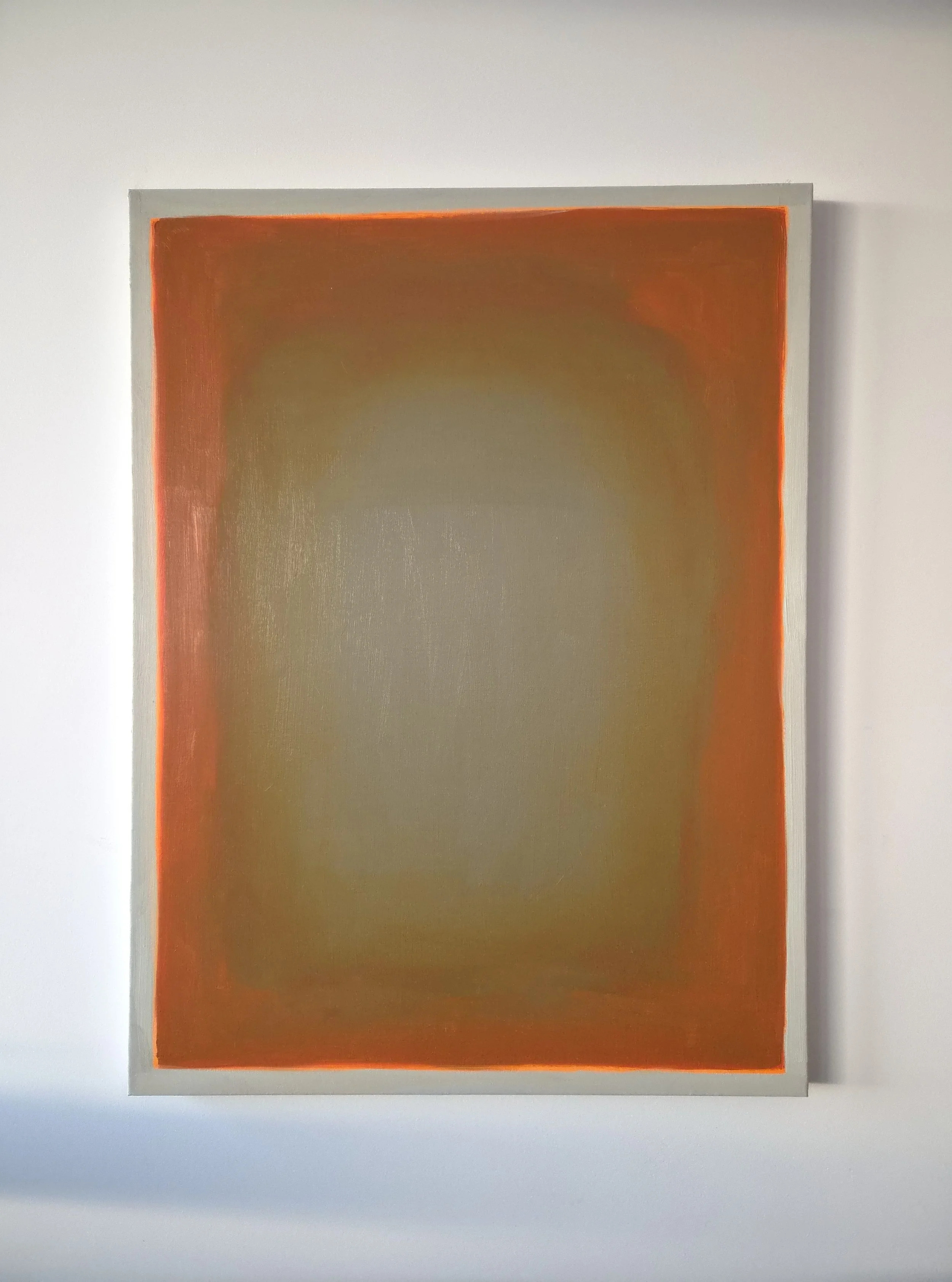 Portal, oil on canvas, 102 × 76cm. 2026. By Nikki Druiven. Abstract oil painting featuring expressive brushstrokes, with deep orange tones around the edges blending into a soft grey centre, framed by a painted grey border.
