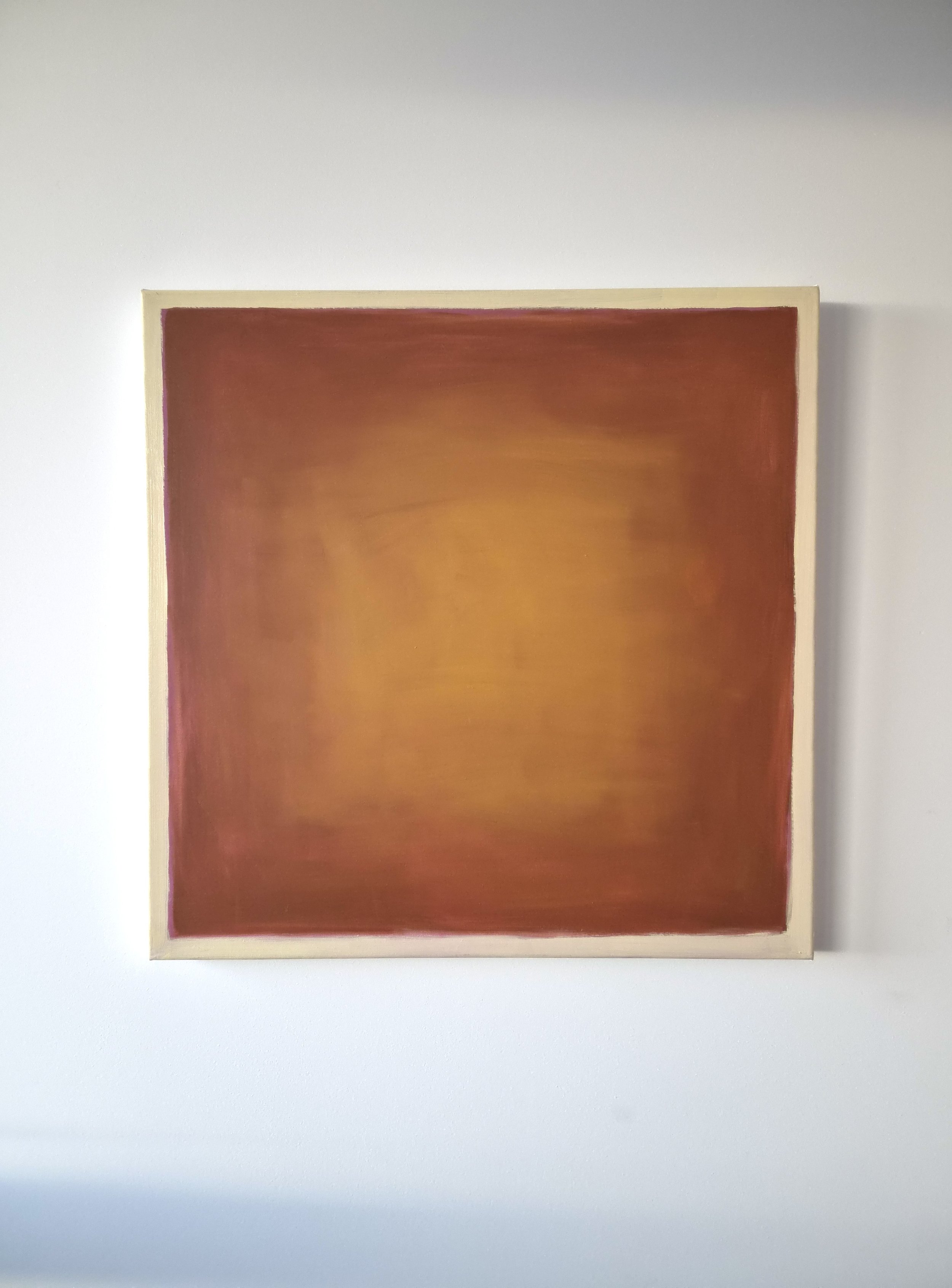 Vintage ramekin, oil on canvas, 76 × 76cm. 2026. By Nikki Druiven. Abstract oil painting featuring expressive brushstrokes, with deep tan tones around the edges blending into a yellow tan centre, framed by a painted cream border.