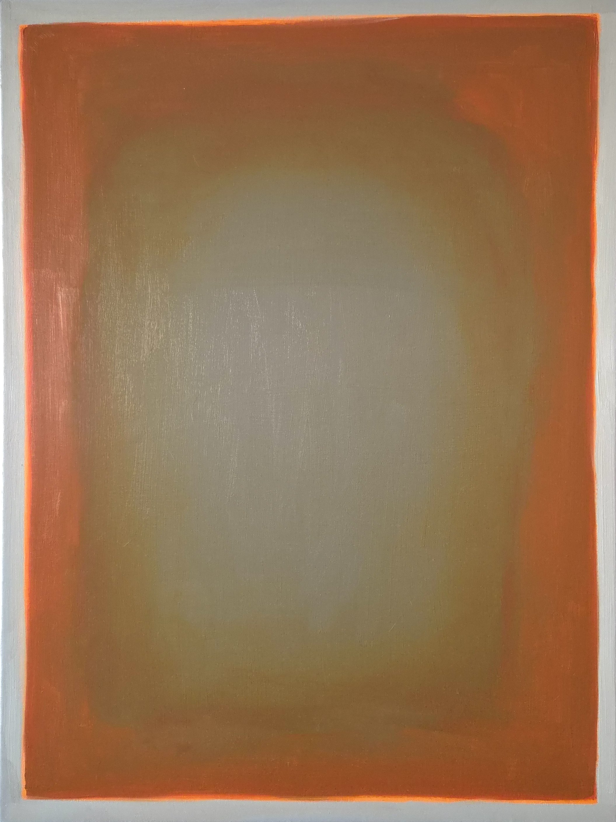 No. 3, oil on canvas, 102 × 76cm. Abstract oil painting featuring expressive brushstrokes, with deep orange tones around the edges blending into a soft grey centre, framed by a painted grey border.