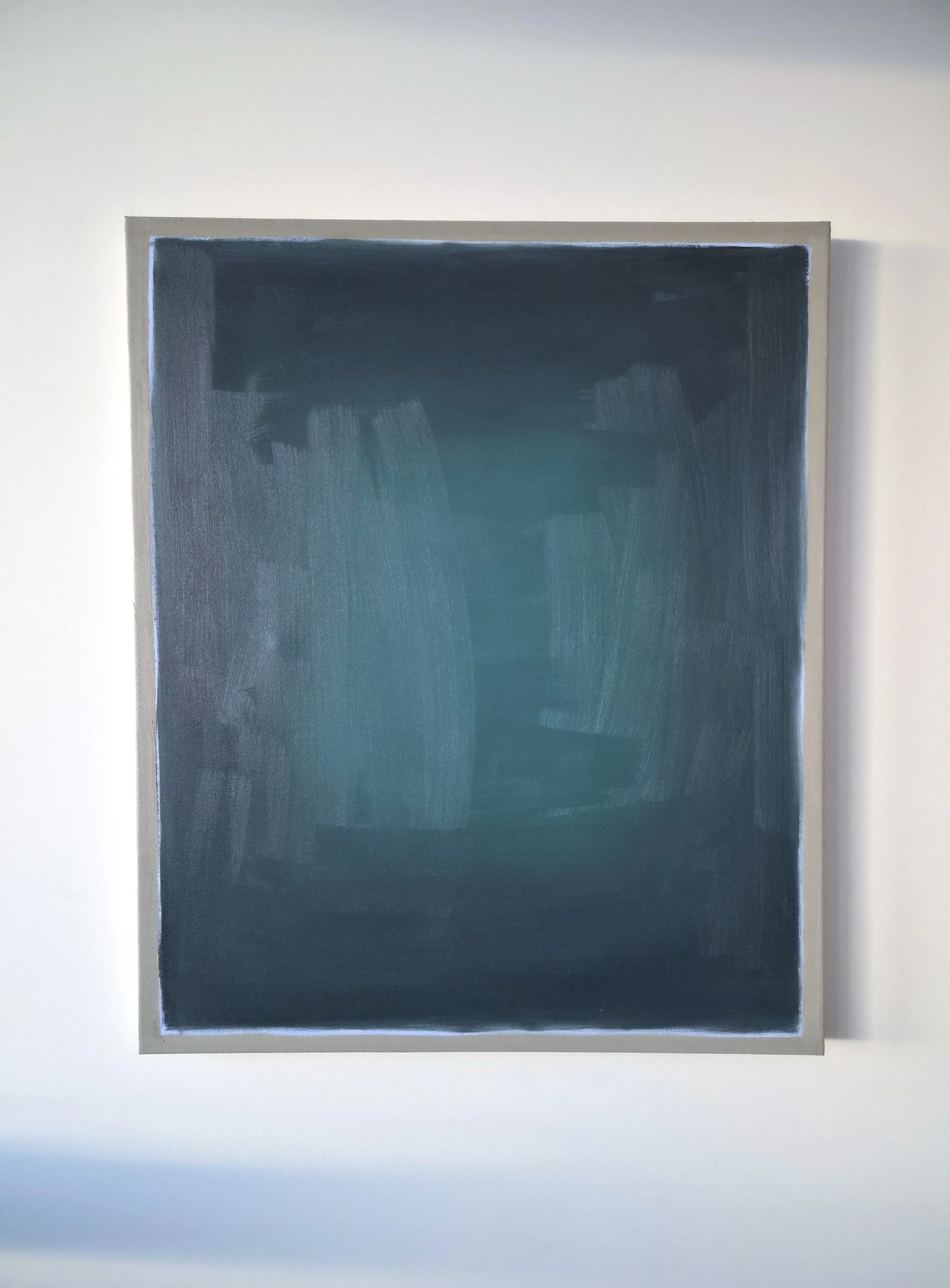 Ocean, oil on canvas, 92 × 76cm. 2026. By Nikki Druiven. Abstract oil painting featuring expressive brushstrokes, with dark ocean blue tones around the edges blending into a lighter ocean blue centre, framed by a painted grey border.