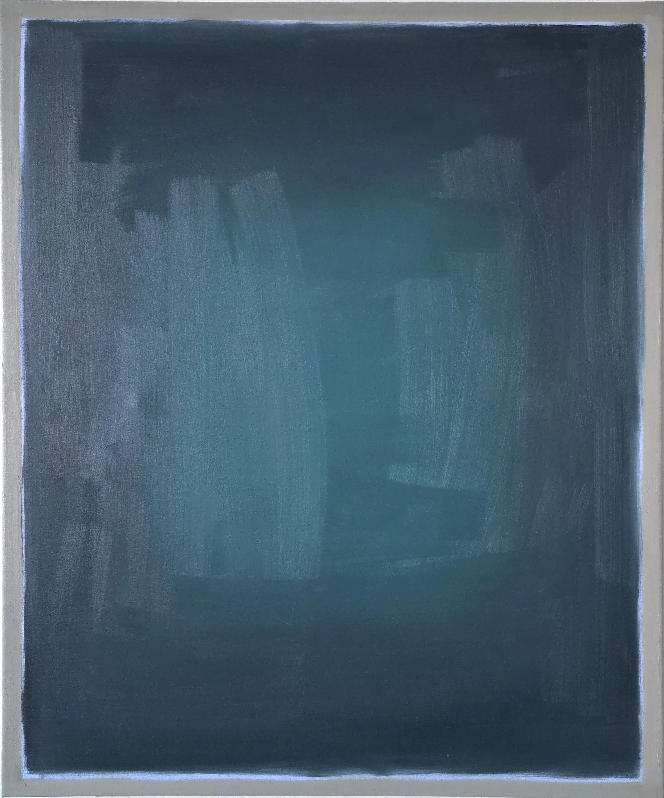 No. 4, oil on canvas, 92 × 76cm. Abstract oil painting featuring expressive brushstrokes, with dark ocean blue tones around the edges blending into a lighter ocean blue centre, framed by a painted grey border.