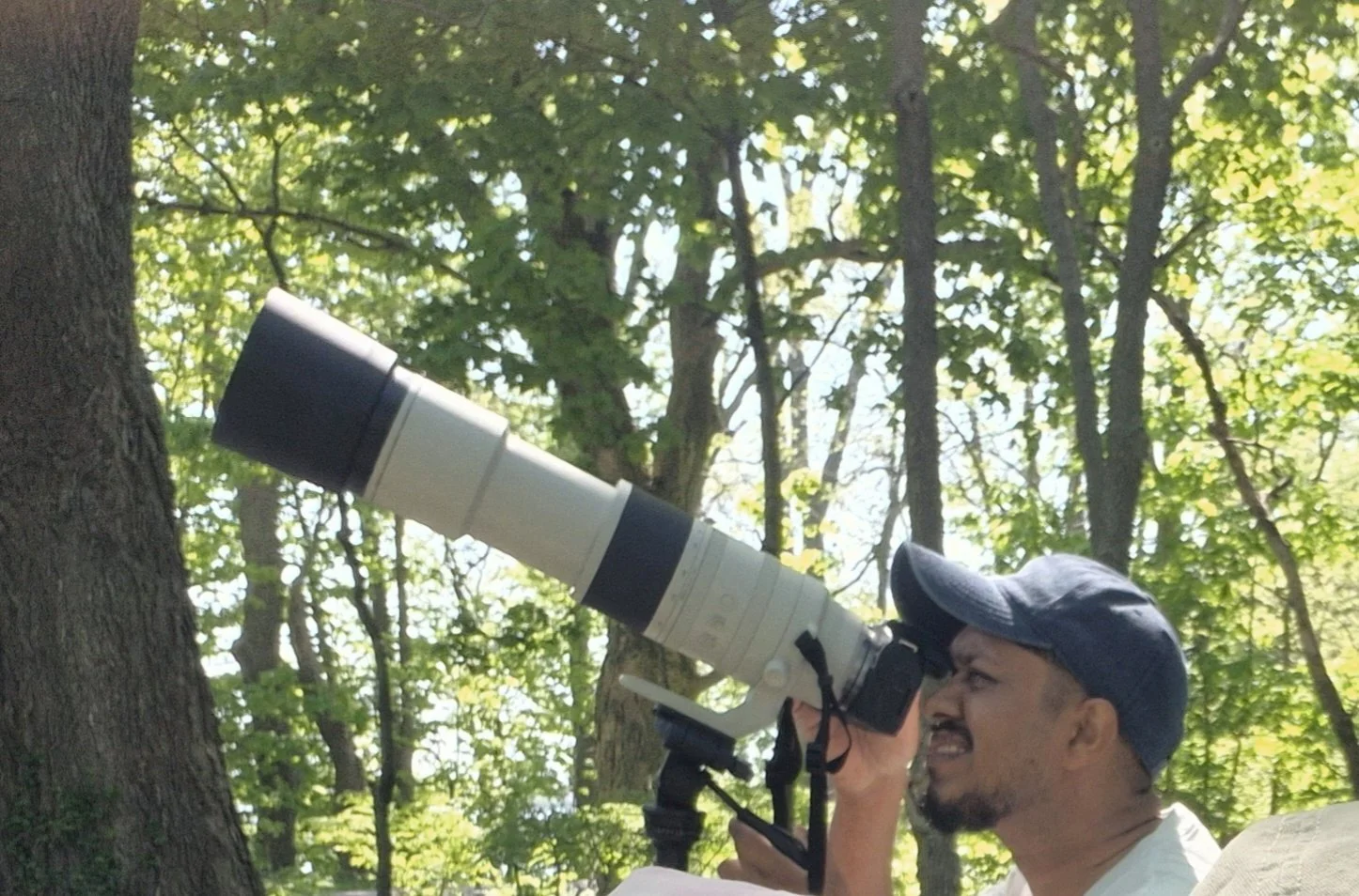 Owner Dark Art, wearing a cap looking through a telescope mounted on a tripod in a forested area with green leaves and trees.