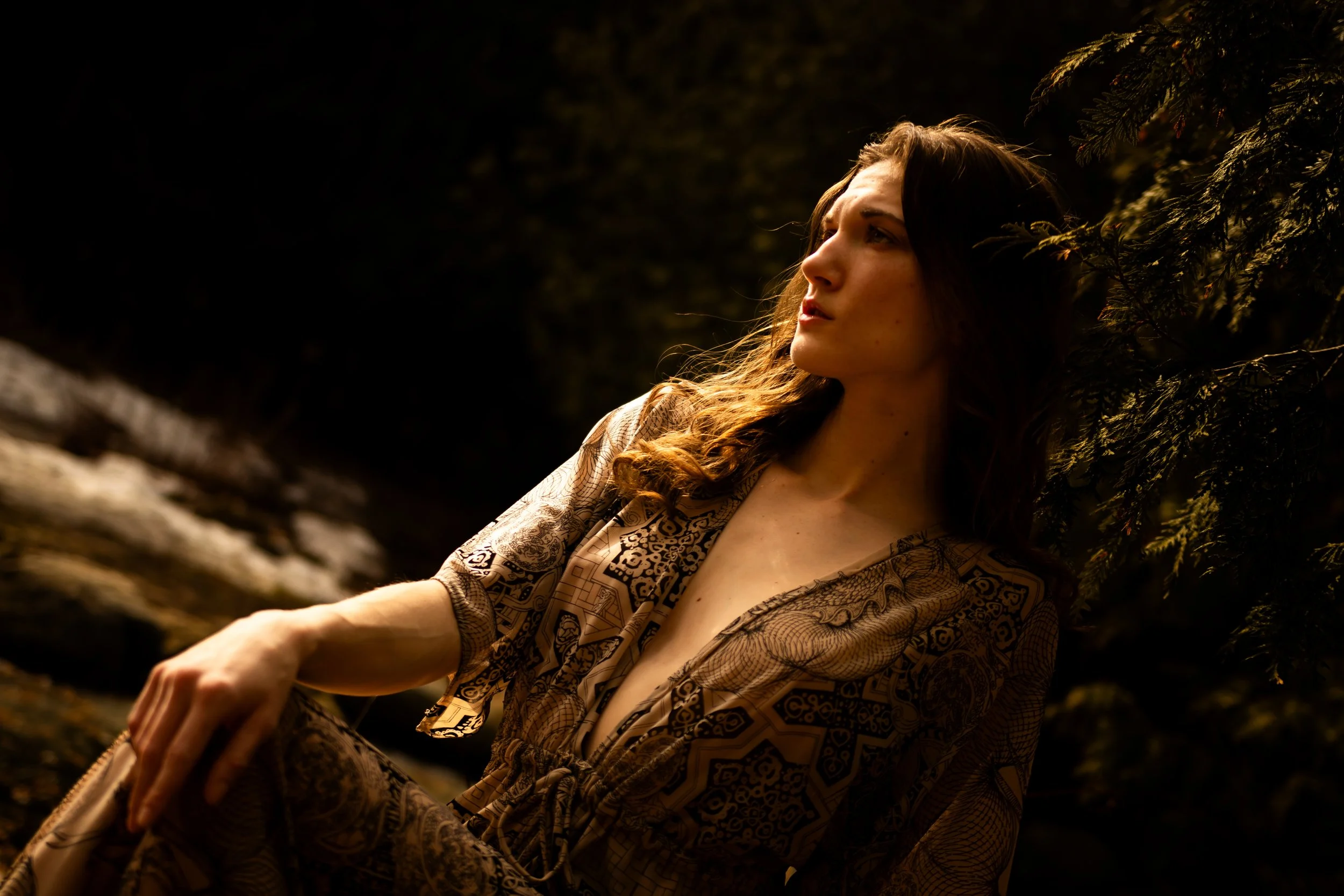Dark-toned fine art portrait of a woman with long curly hair leaning against a forest tree at sunset. Cinematic Toronto photoshoot by Dark Art Photos.