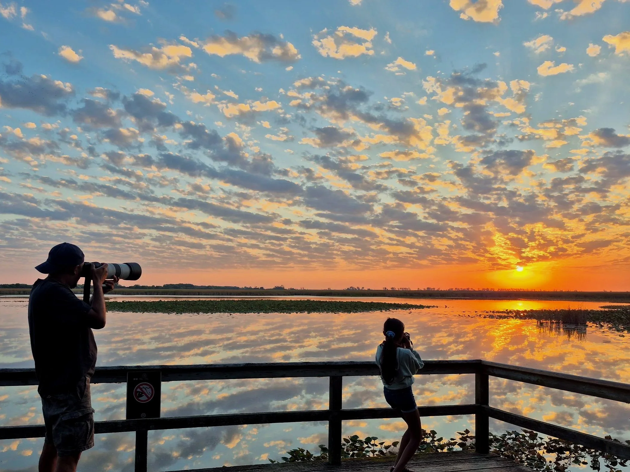 Owner Dark Art, observing a sunset over a body of water from a wooden viewing platform.