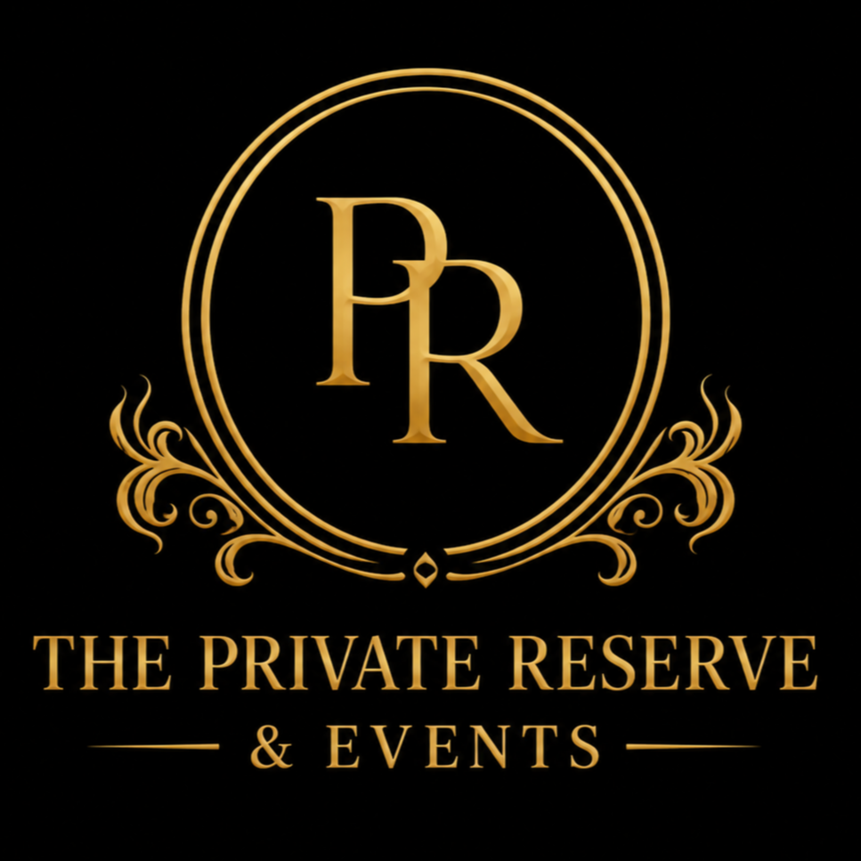 Gold logo with the letters 'PR' inside a decorative oval, beneath it the text 'The Private Reserve & Events' on a black background.