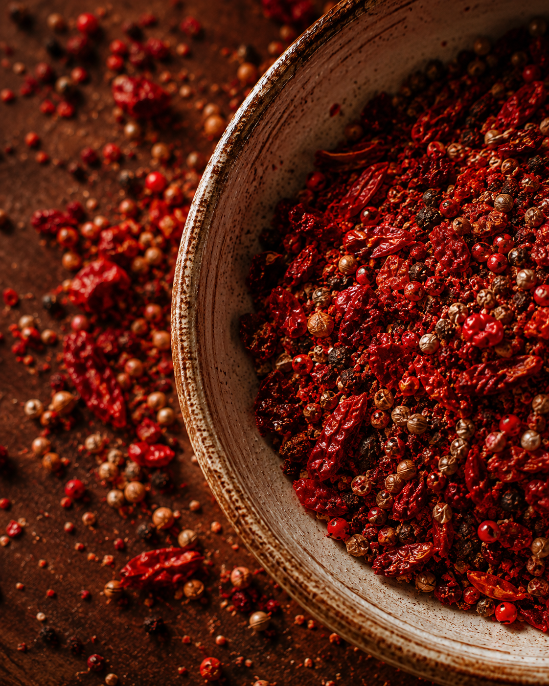 Close-up of a rustic bowl filled with crushed red pepper flakes and whole peppercorns, with some scattered on a dark wooden surface nearby.