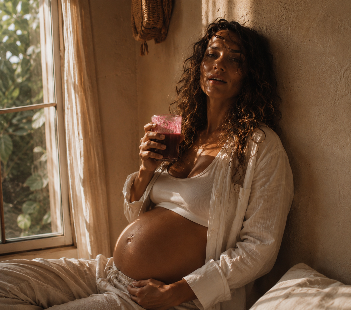 Pregnant woman sitting by a window, holding a glass of dark beverage, with sunlight streaming in