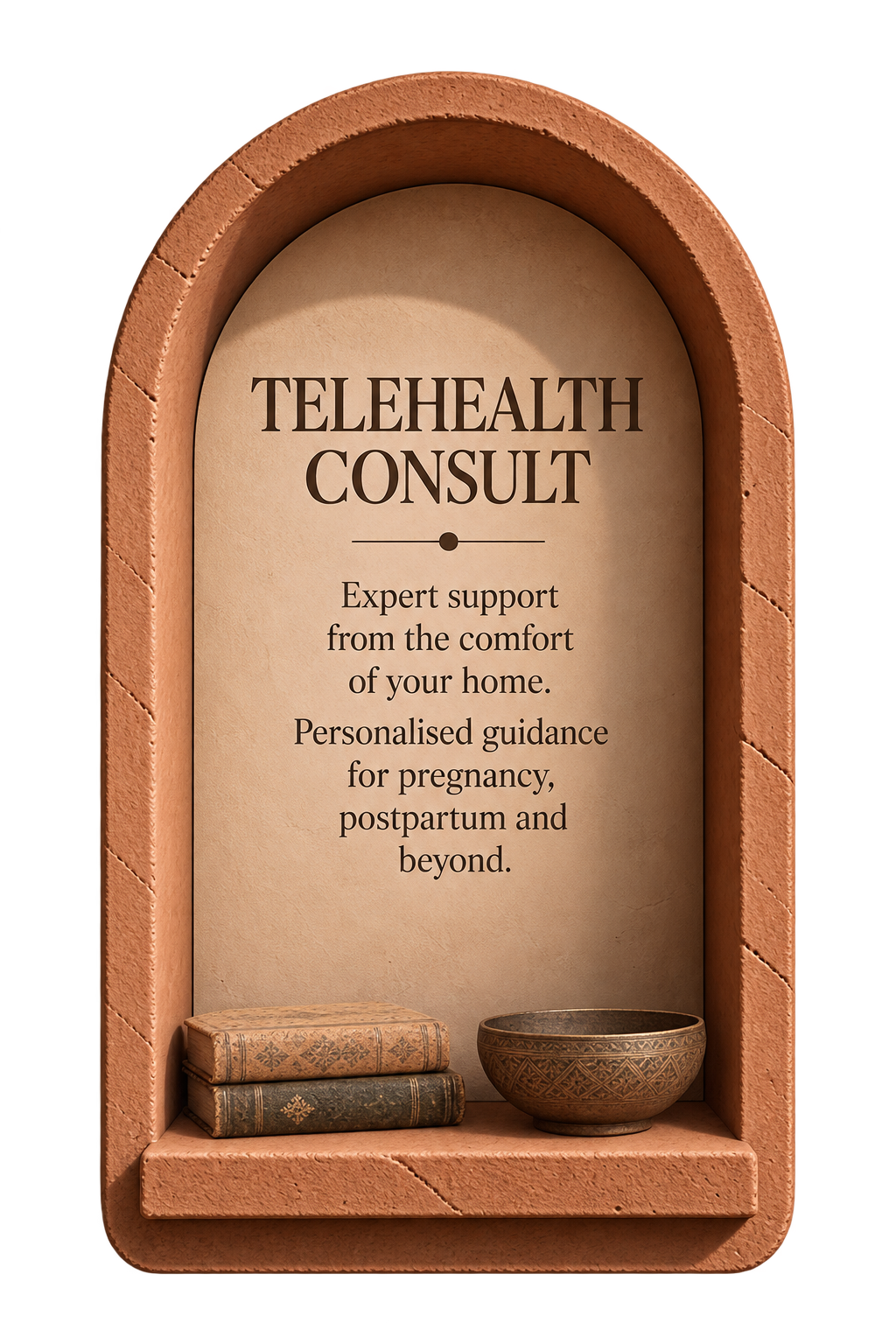 A sign for telehealth consults with expert support from home, featuring a stone archway, vintage books, and an ornate bowl on a ledge.