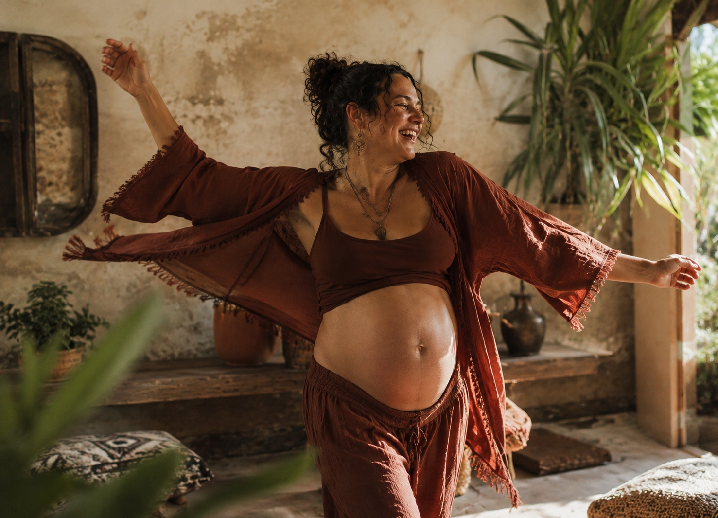 A pregnant woman dancing happily indoors, wearing matching rust-colored top, pants, and a flowing kimono-style robe with fringe, with plants and rustic decor in the background.