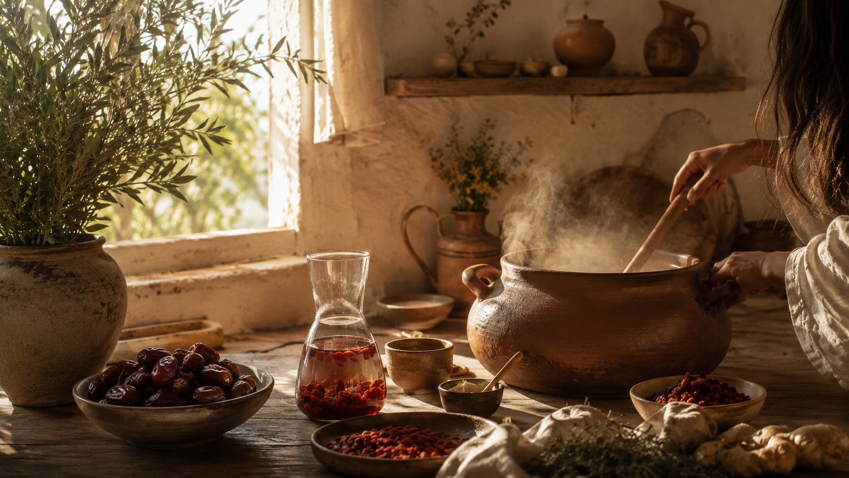 A person stirring a steaming clay pot in a rustic kitchen with sunlight filtering through a window. The table has bowls of berries, a glass pitcher of red drink, and decorative pottery with a large plant nearby.