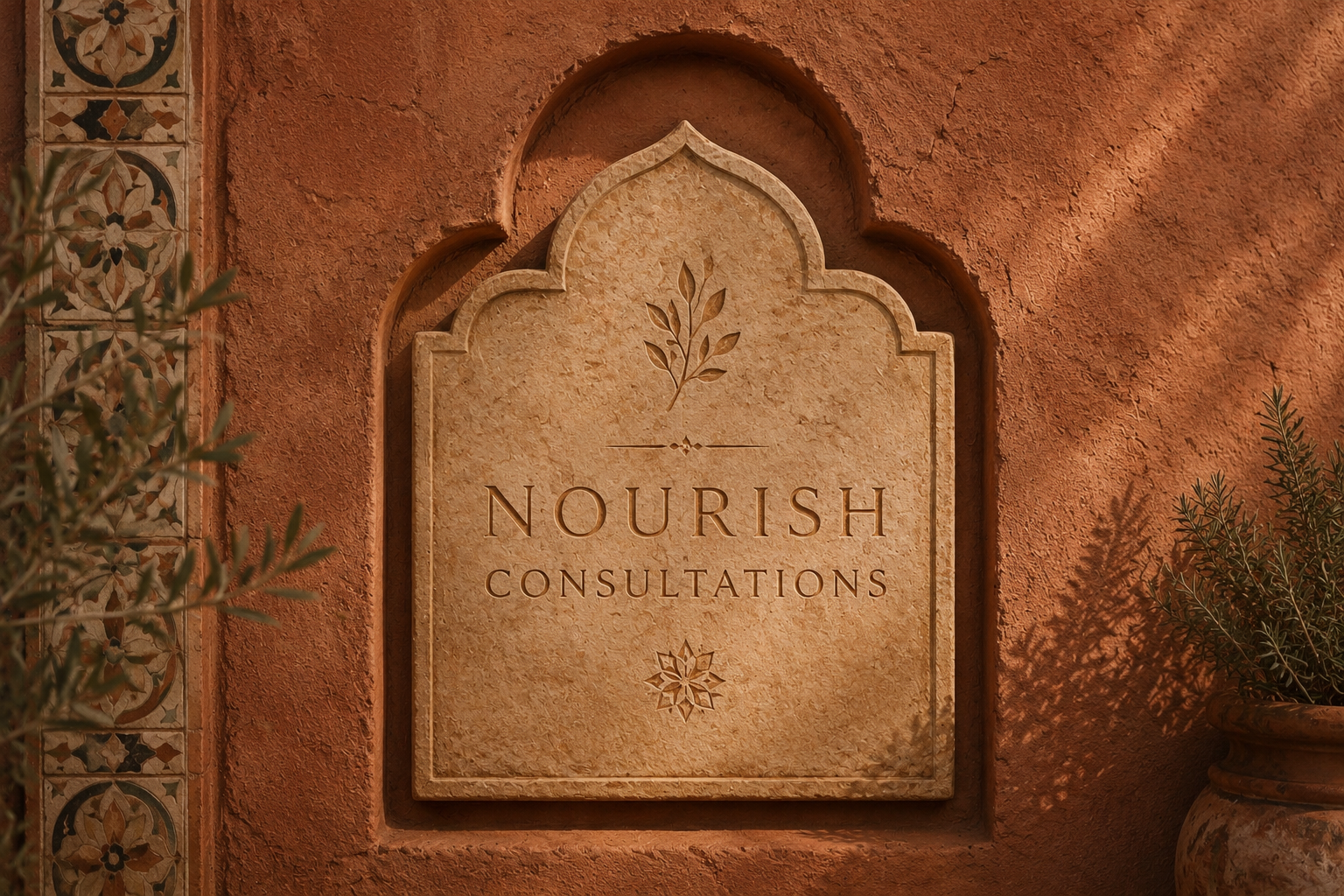 Sign for Nourish Consultations mounted on a textured, reddish-brown wall with decorative tilework and plants on either side.