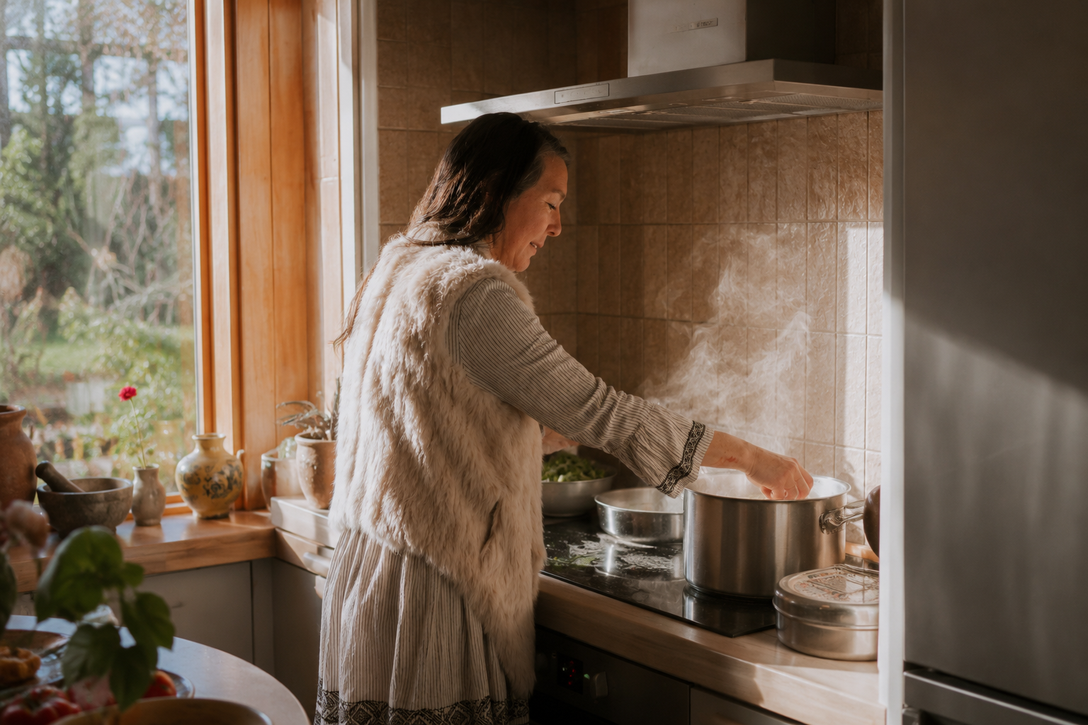 Mariko cooking on a stovetop in a cozy kitchen, with pots and pans, with sunlight coming in through a window.