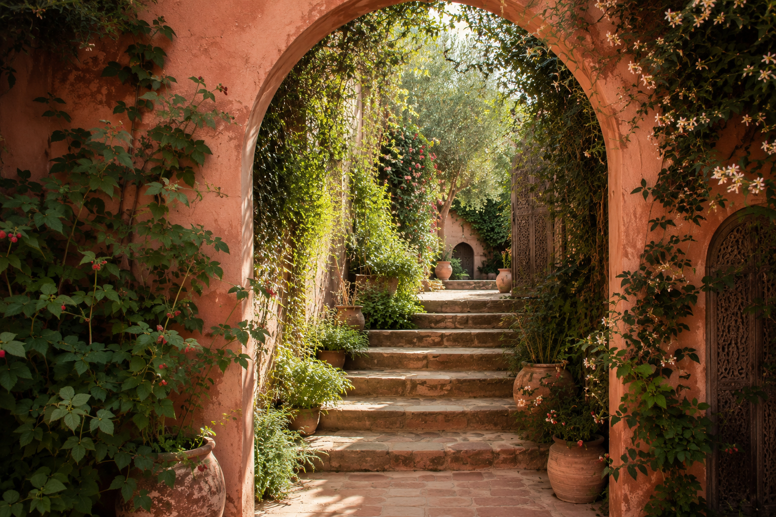 Sunlit stone steps through an arched pink stucco doorway, surrounded by lush green plants and potted flowers in a garden setting.