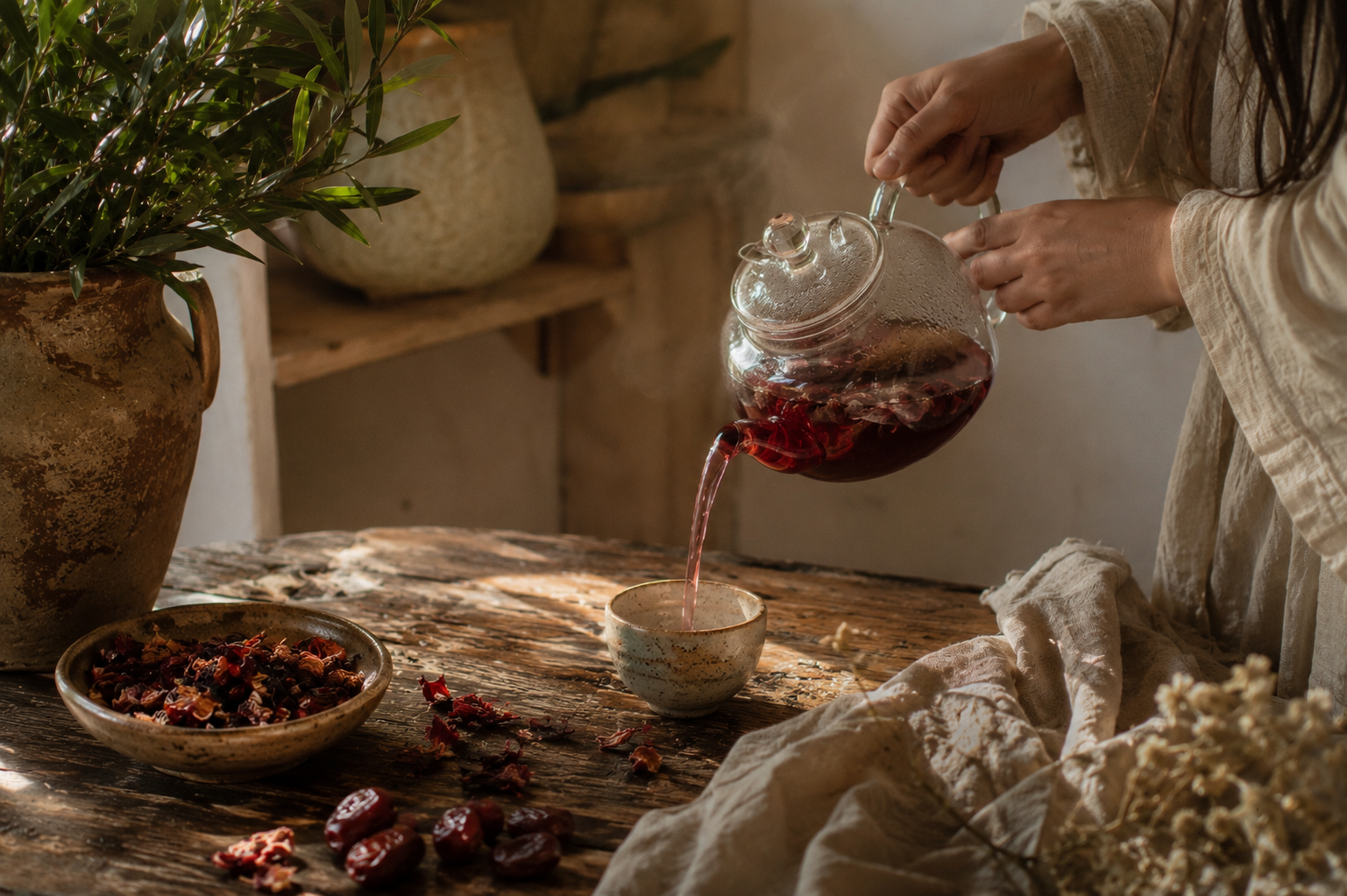 Person pouring red tea from a glass teapot into a ceramic cup on a rustic wooden table with bowls of dried herbs or flowers and a large plant in a clay pot nearby.