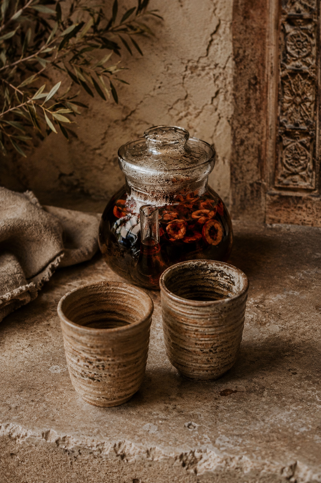 A rustic still life with a glass teapot filled with dark liquid and dried flowers, flanked by two textured pottery cups, set on a rough stone surface with a weathered wall and greenery in the background.