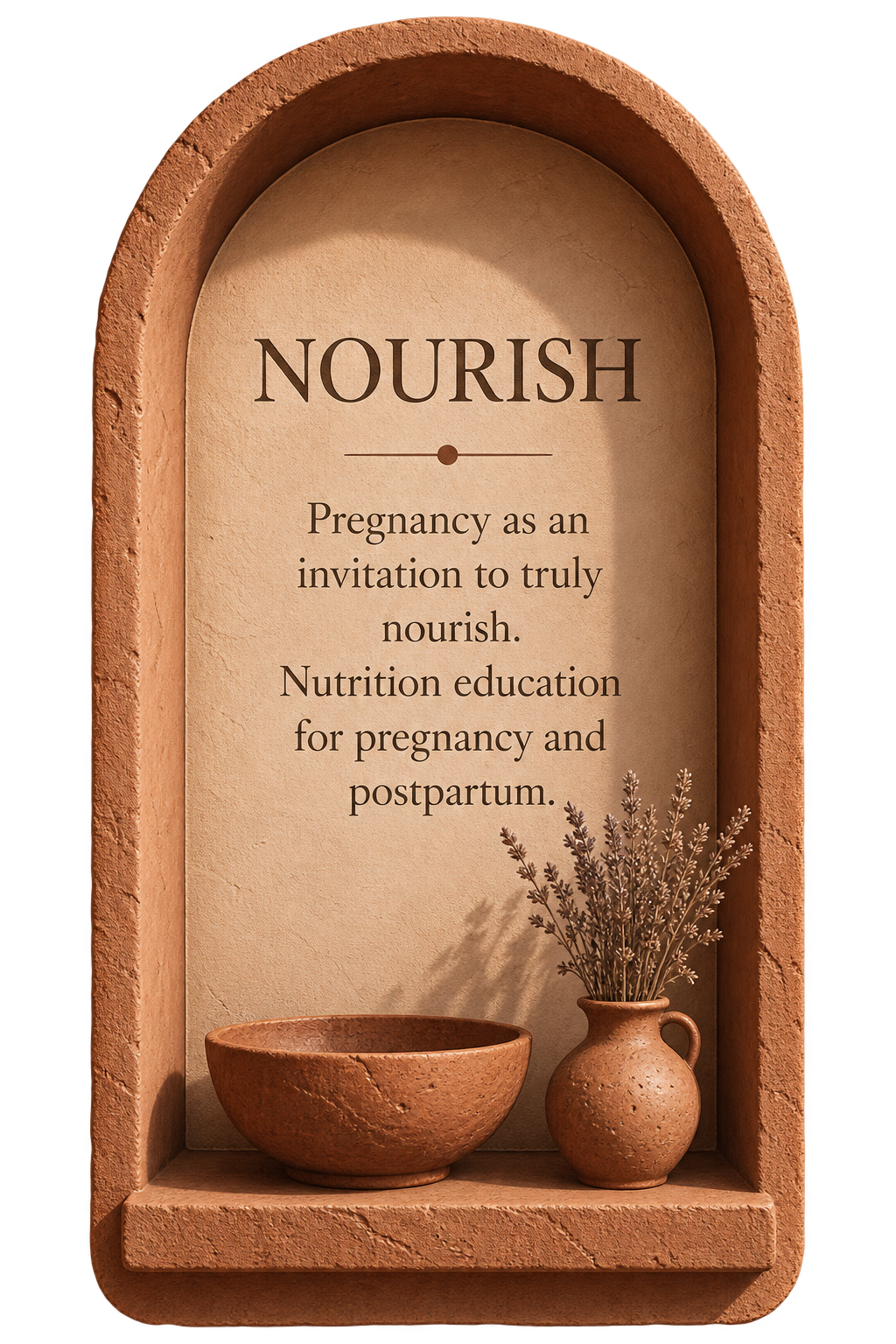 A stone plaque with the word "NOURISH" at the top, and text about pregnancy as an invitation to nourish and nutrition education for pregnancy and postpartum. There are two clay pots at the bottom, one with a small plant or flowers.
